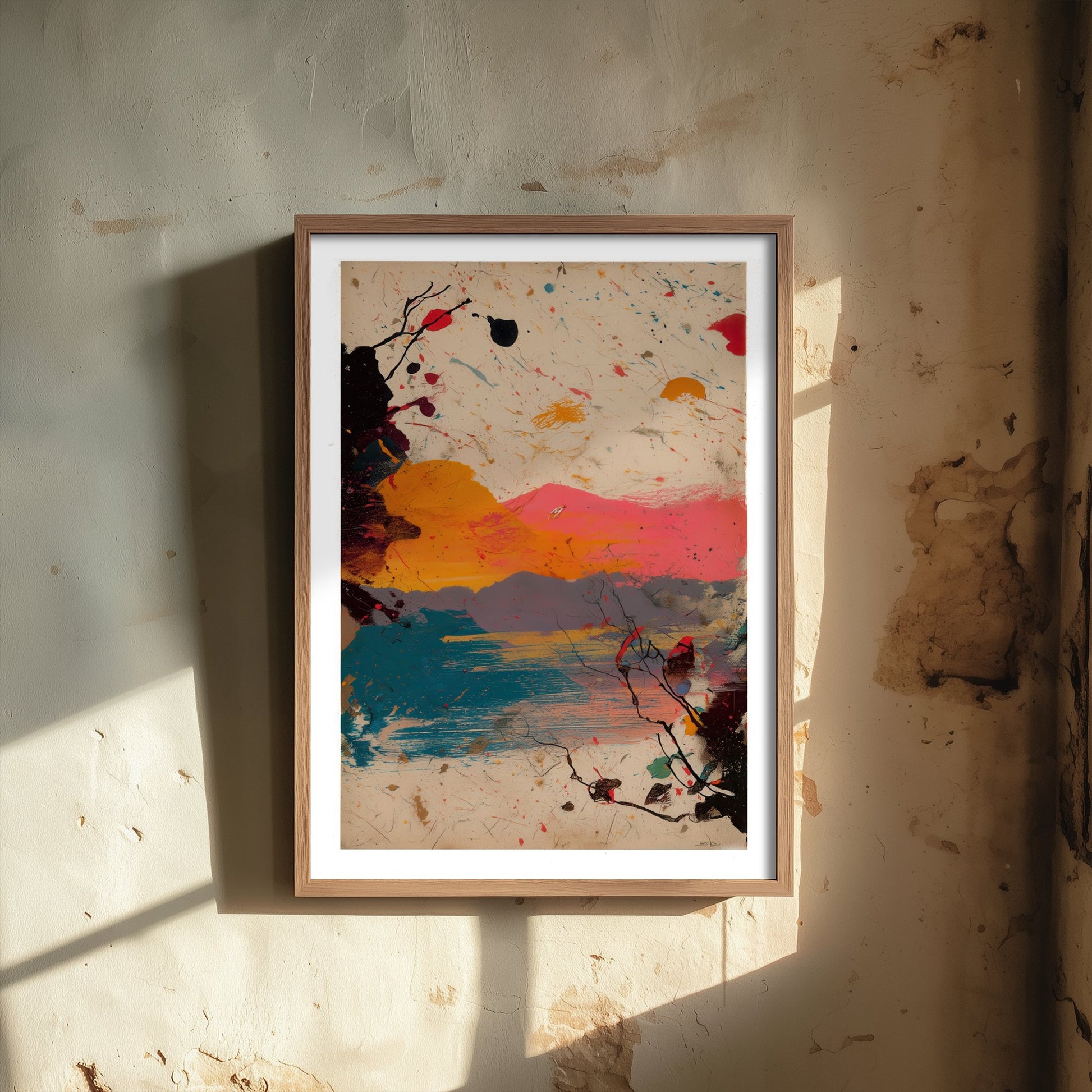 Abstract Splash Landscape Art Print - Sunset Sea Poster - Painterly Abstract Painting - Pink Orange Blue 2/3