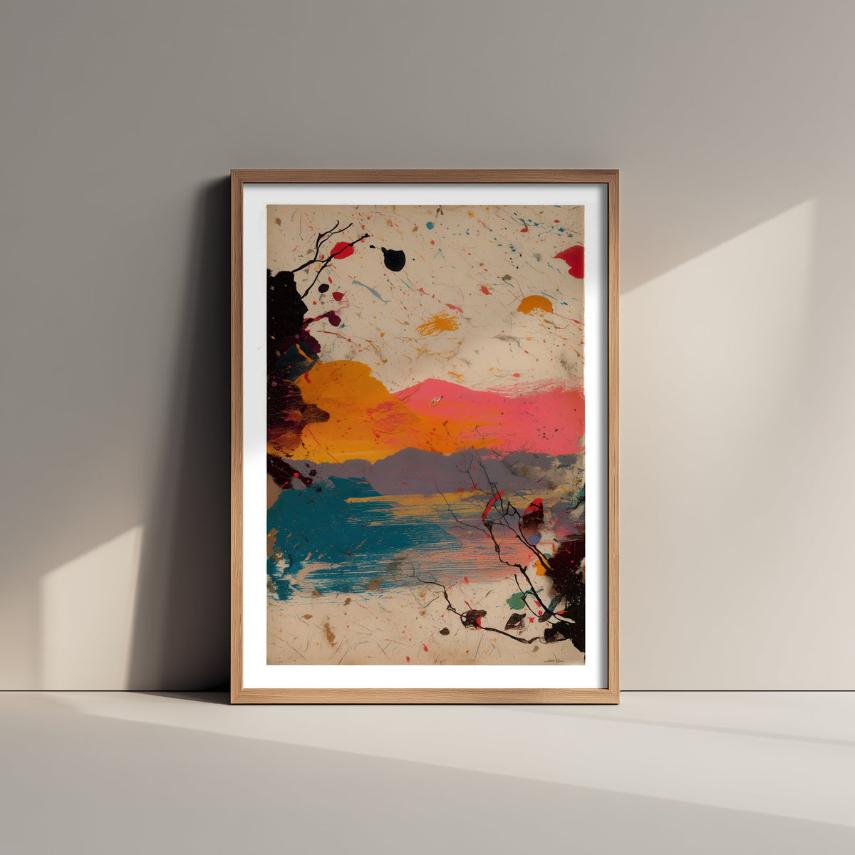 Abstract Splash Landscape Art Print - Sunset Sea Poster - Painterly Abstract Painting - Pink Orange Blue 2/3