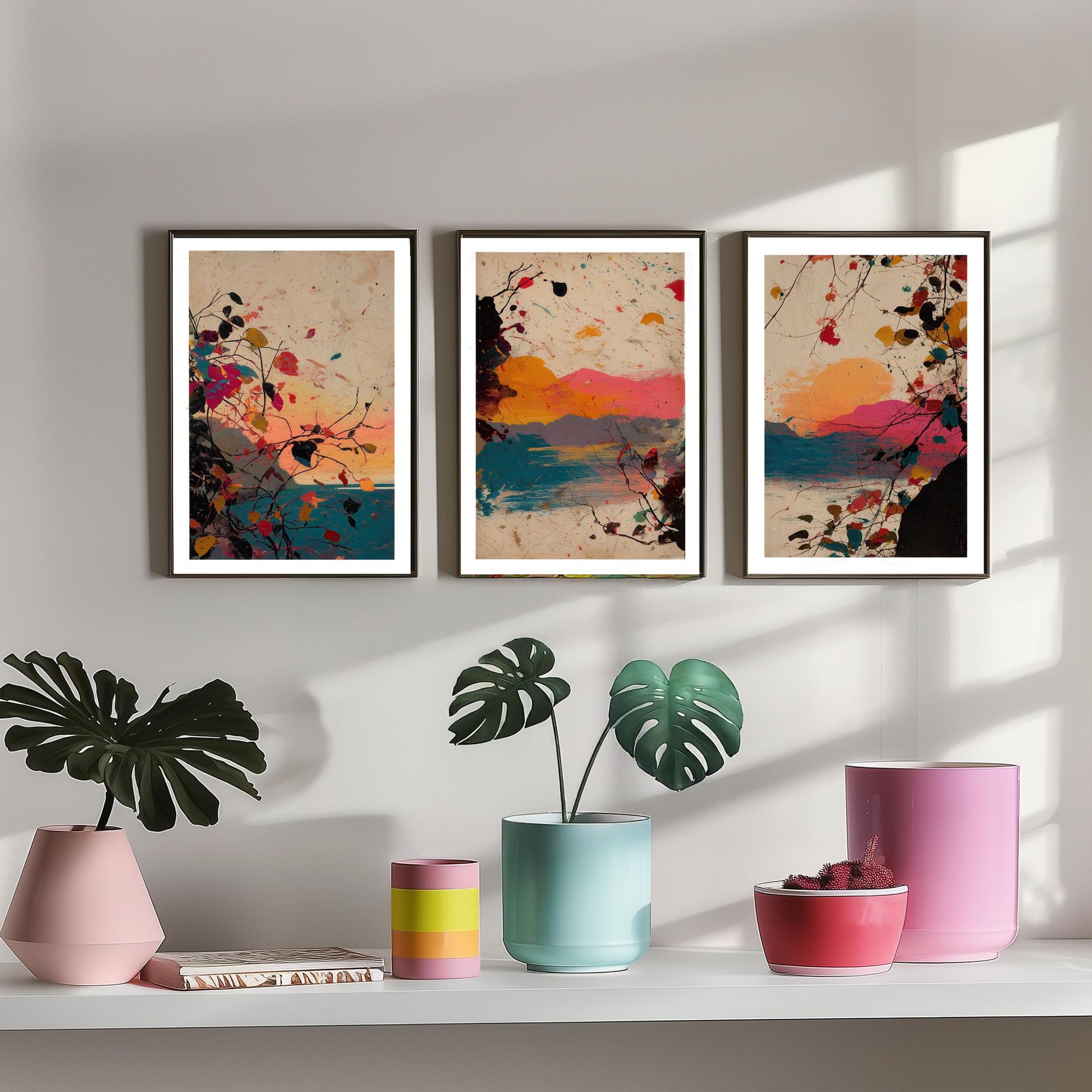 Sunset Splash Landscape Set of Three Art Prints - Pink Orange Blue Abstract Posters - Paint Splatter Mountain Lake Painting