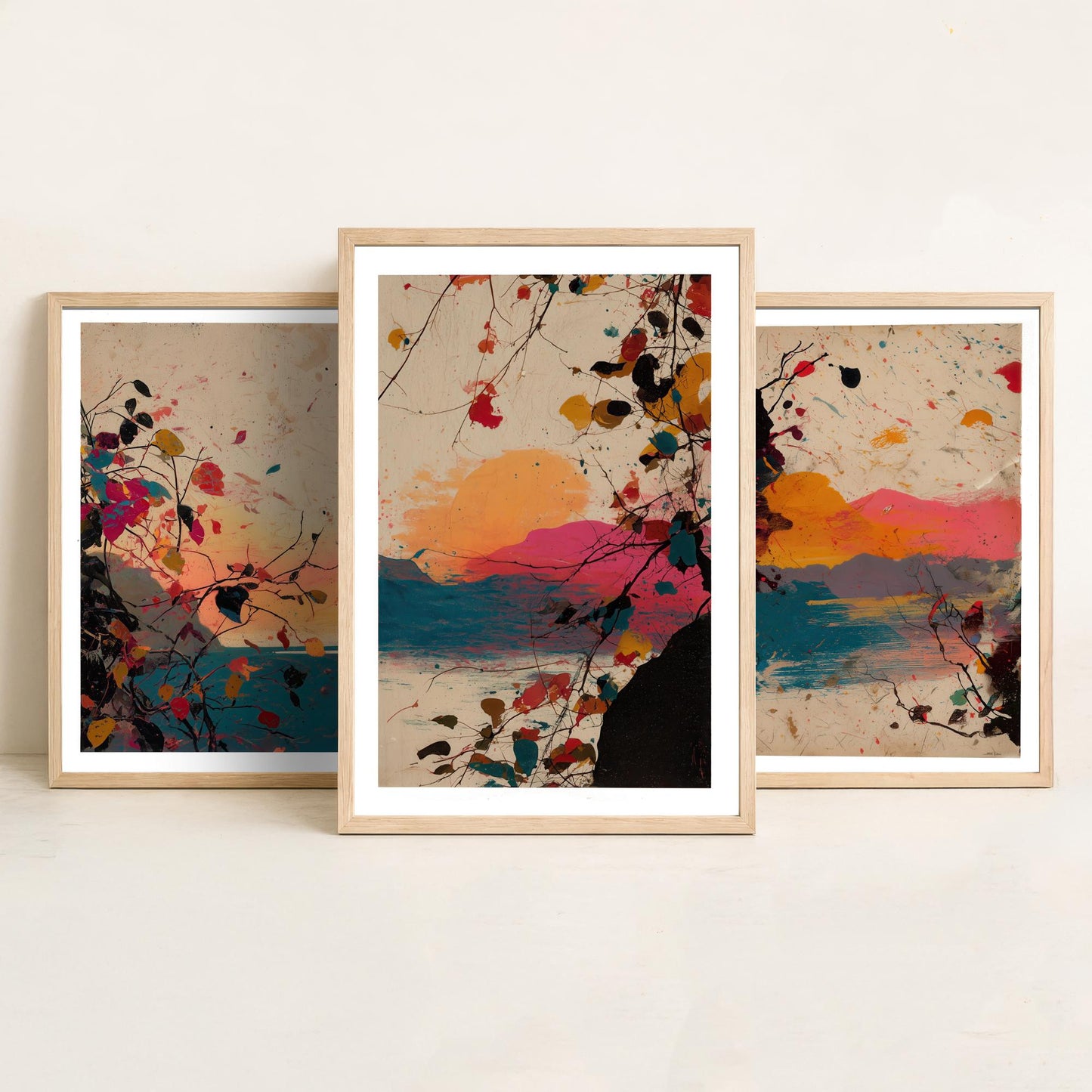 Sunset Splash Landscape Set of Three Art Prints - Pink Orange Blue Abstract Posters - Paint Splatter Mountain Lake Painting