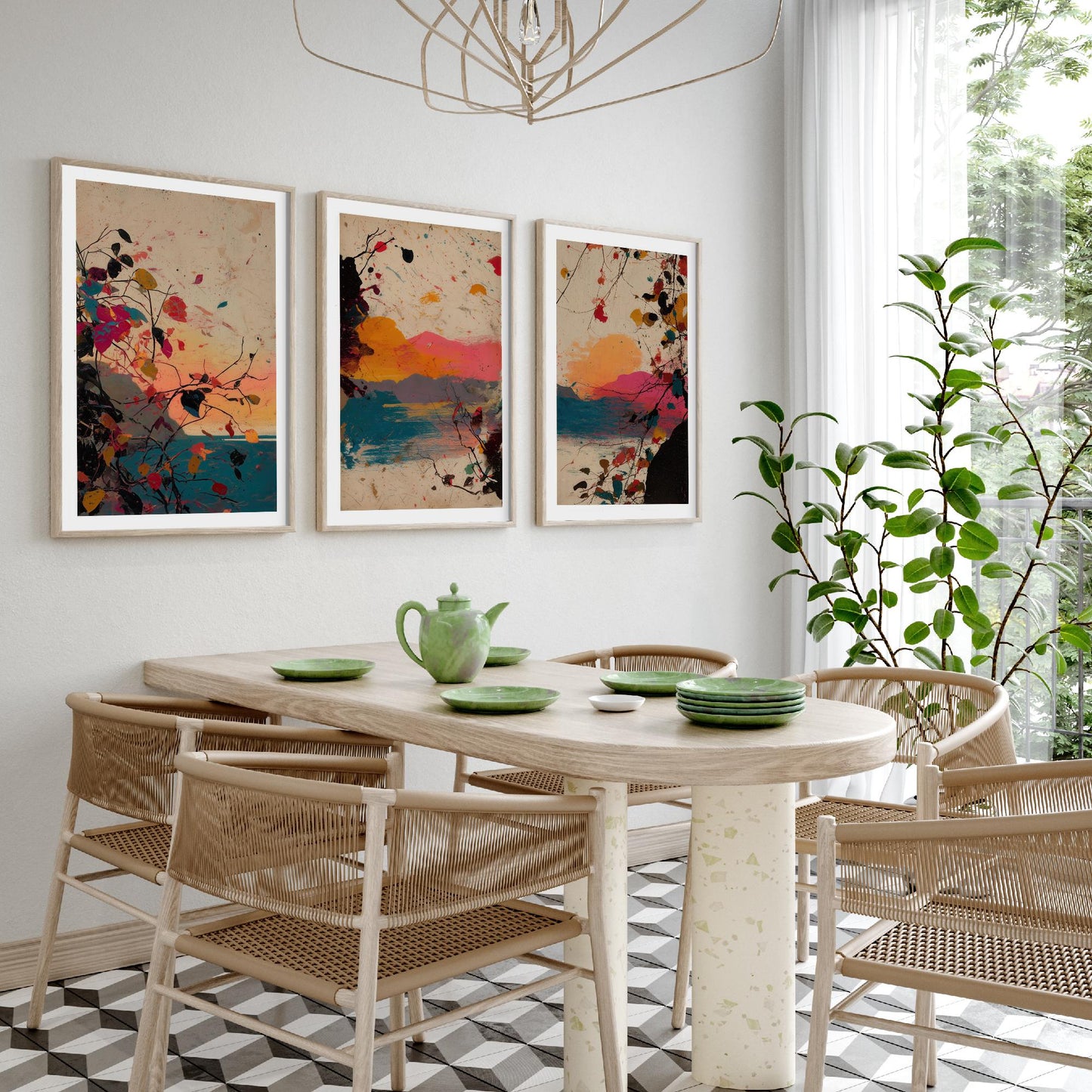 Sunset Splash Landscape Set of Three Art Prints - Pink Orange Blue Abstract Posters - Paint Splatter Mountain Lake Painting