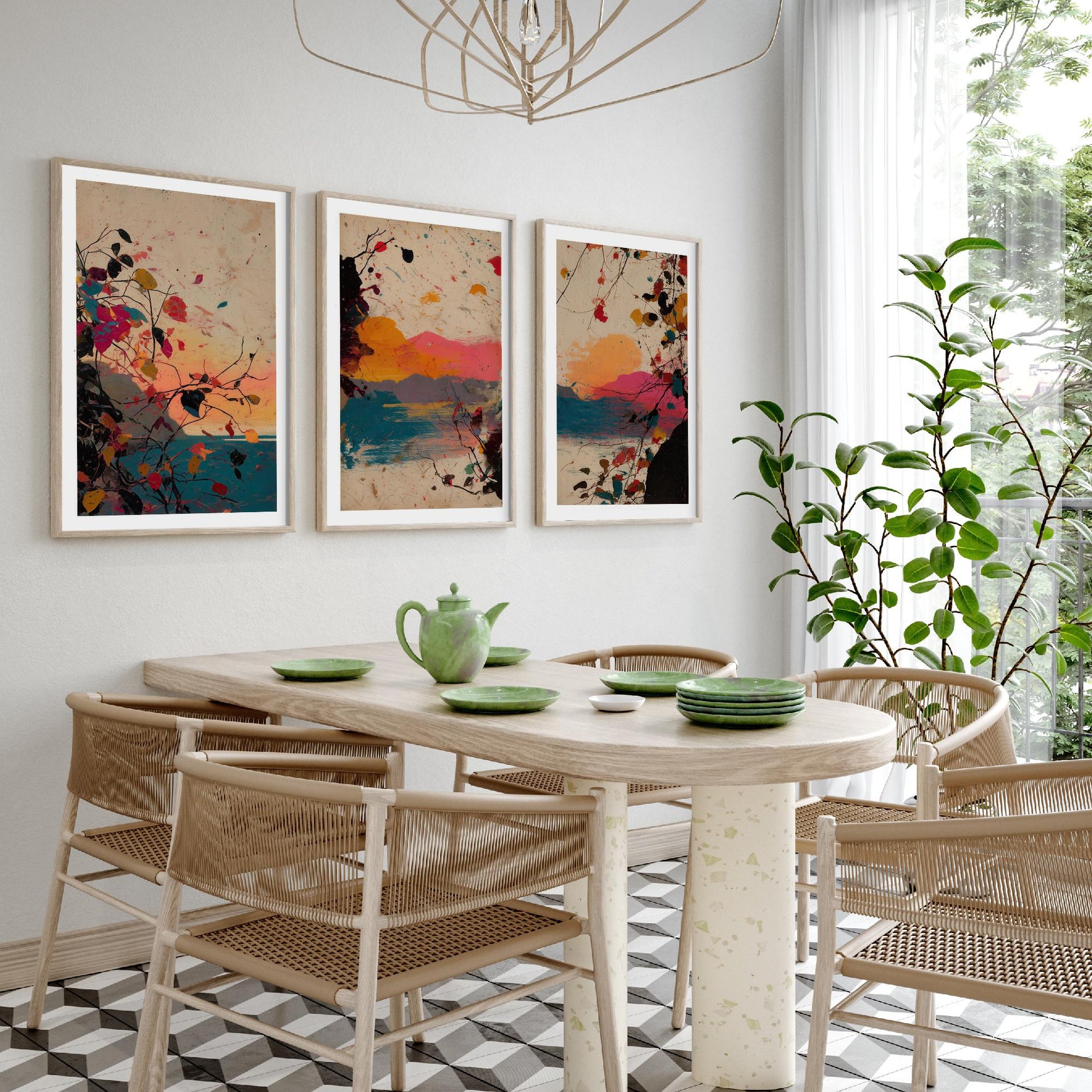Sunset Splash Landscape Set of Three Art Prints - Pink Orange Blue Abstract Posters - Paint Splatter Mountain Lake Painting