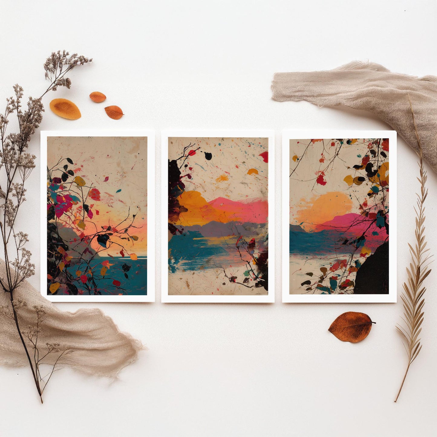 Sunset Splash Landscape Set of Three Art Prints - Pink Orange Blue Abstract Posters - Paint Splatter Mountain Lake Painting