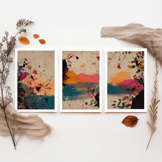 Sunset Splash Landscape Set of Three Art Prints - Pink Orange Blue Abstract Posters - Paint Splatter Mountain Lake Painting