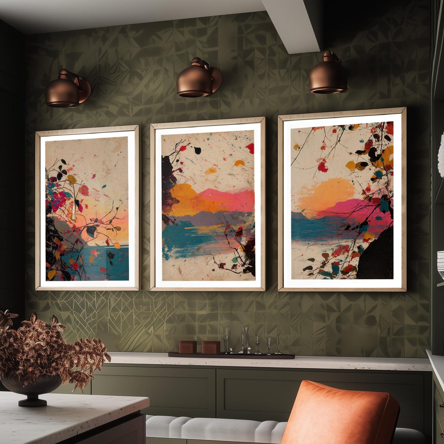 Sunset Splash Landscape Set of Three Art Prints - Pink Orange Blue Abstract Posters - Paint Splatter Mountain Lake Painting