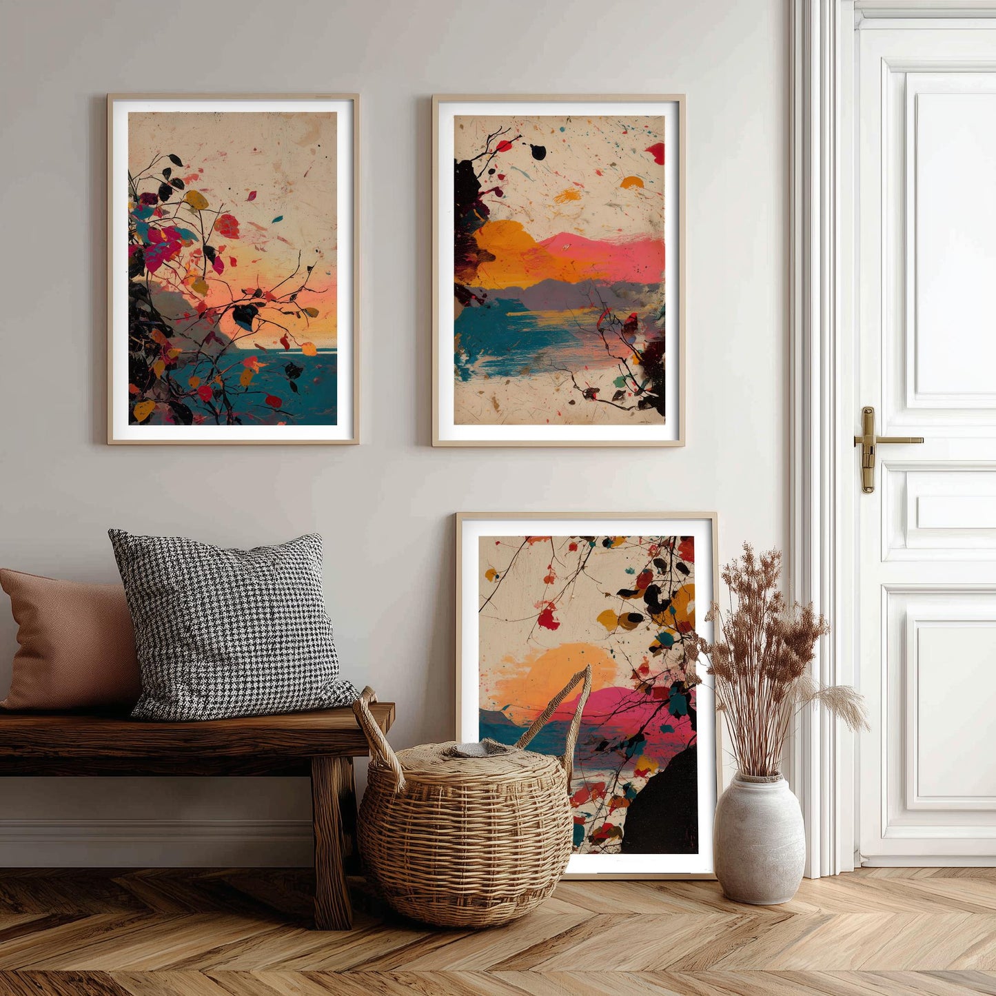 Sunset Splash Landscape Set of Three Art Prints - Pink Orange Blue Abstract Posters - Paint Splatter Mountain Lake Painting