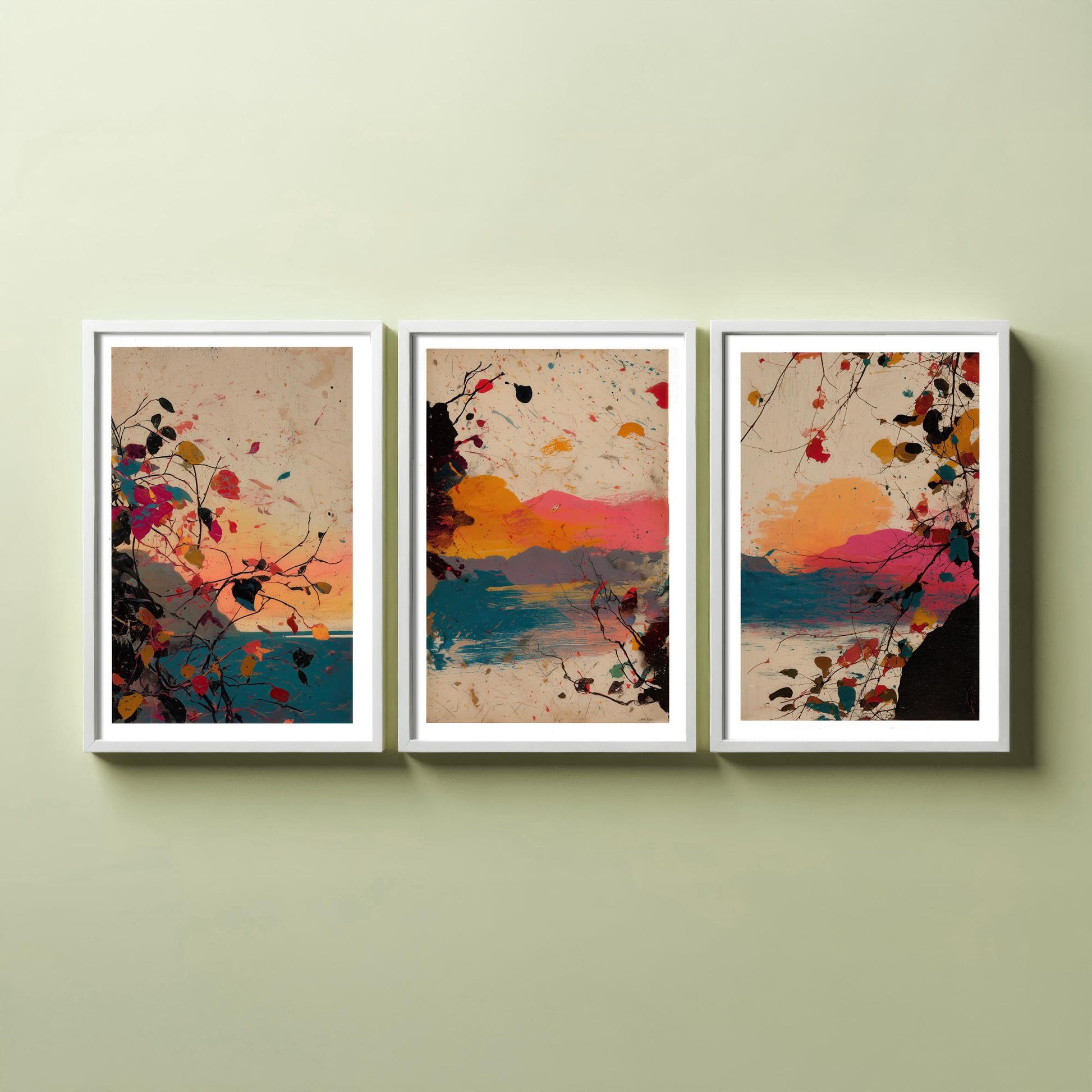 Sunset Splash Landscape Set of Three Art Prints - Pink Orange Blue Abstract Posters - Paint Splatter Mountain Lake Painting