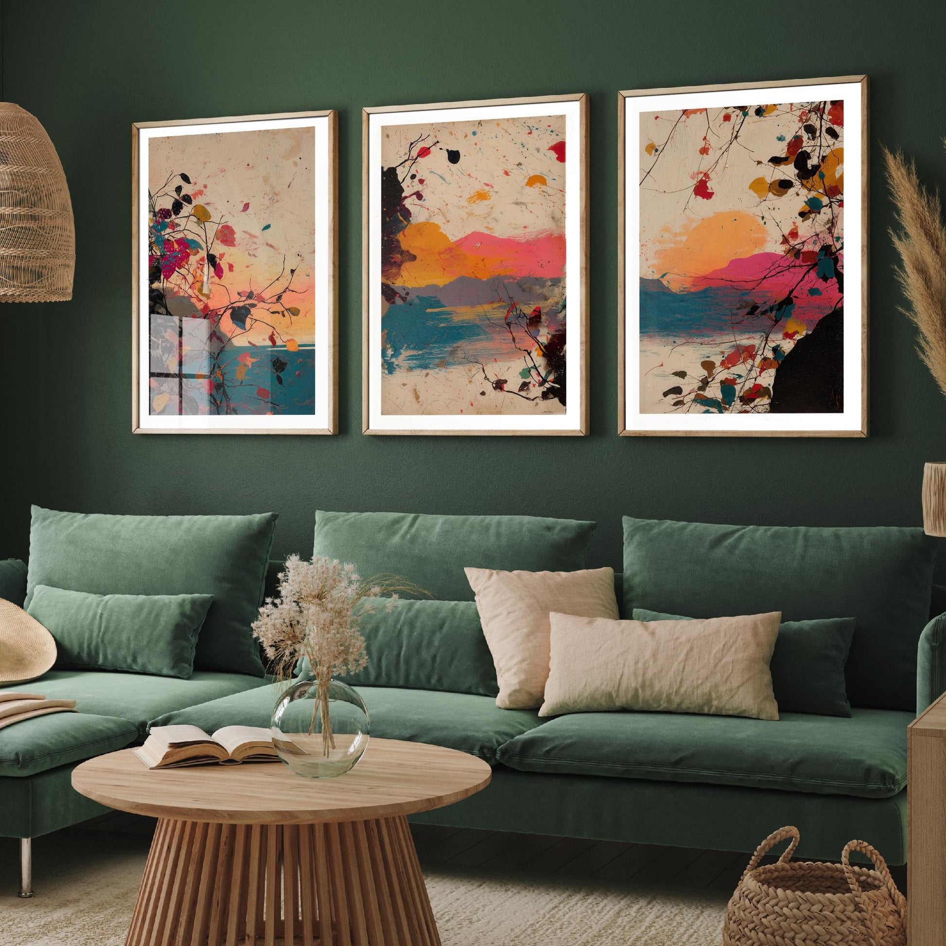 Sunset Splash Landscape Set of Three Art Prints - Pink Orange Blue Abstract Posters - Paint Splatter Mountain Lake Painting