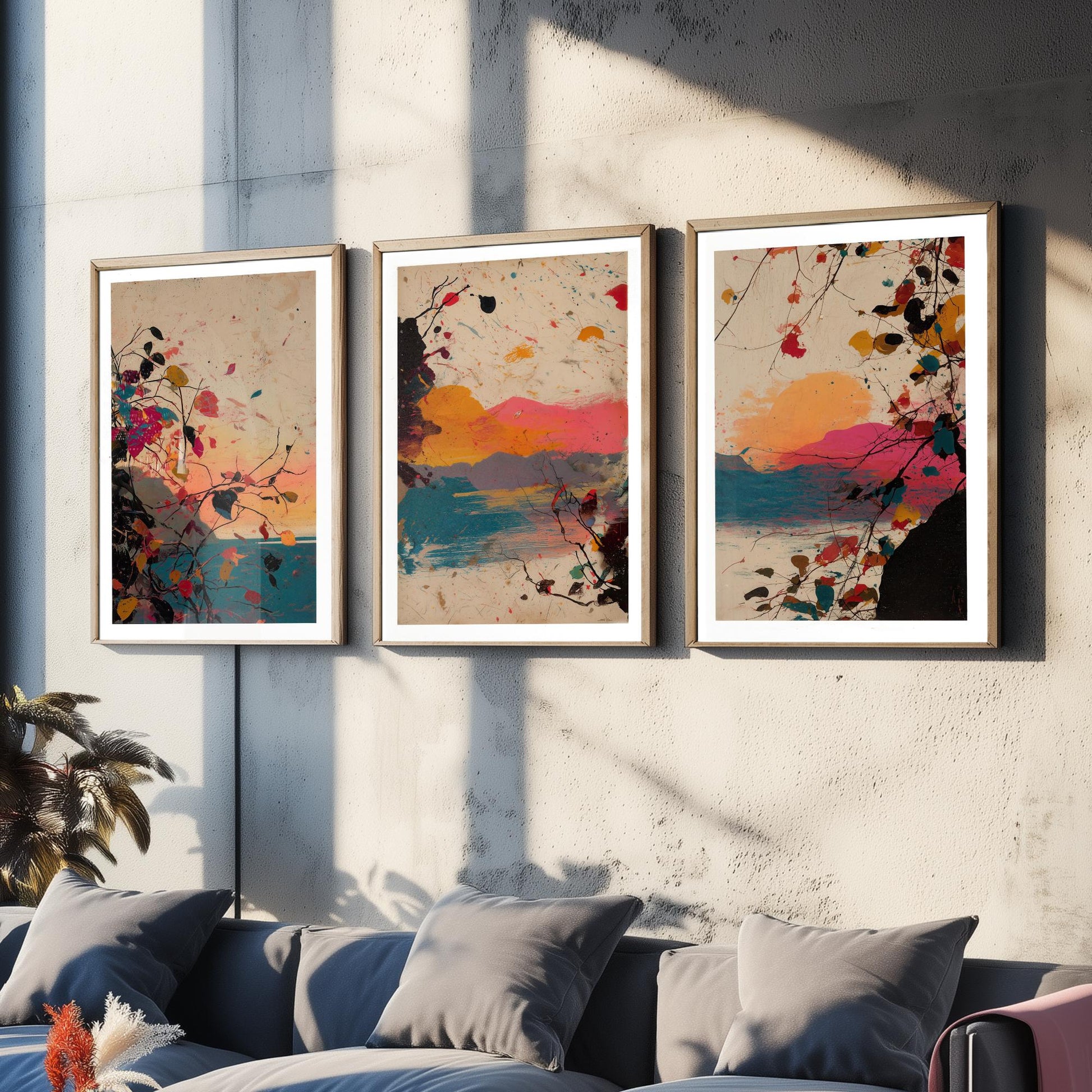 Sunset Splash Landscape Set of Three Art Prints - Pink Orange Blue Abstract Posters - Paint Splatter Mountain Lake Painting