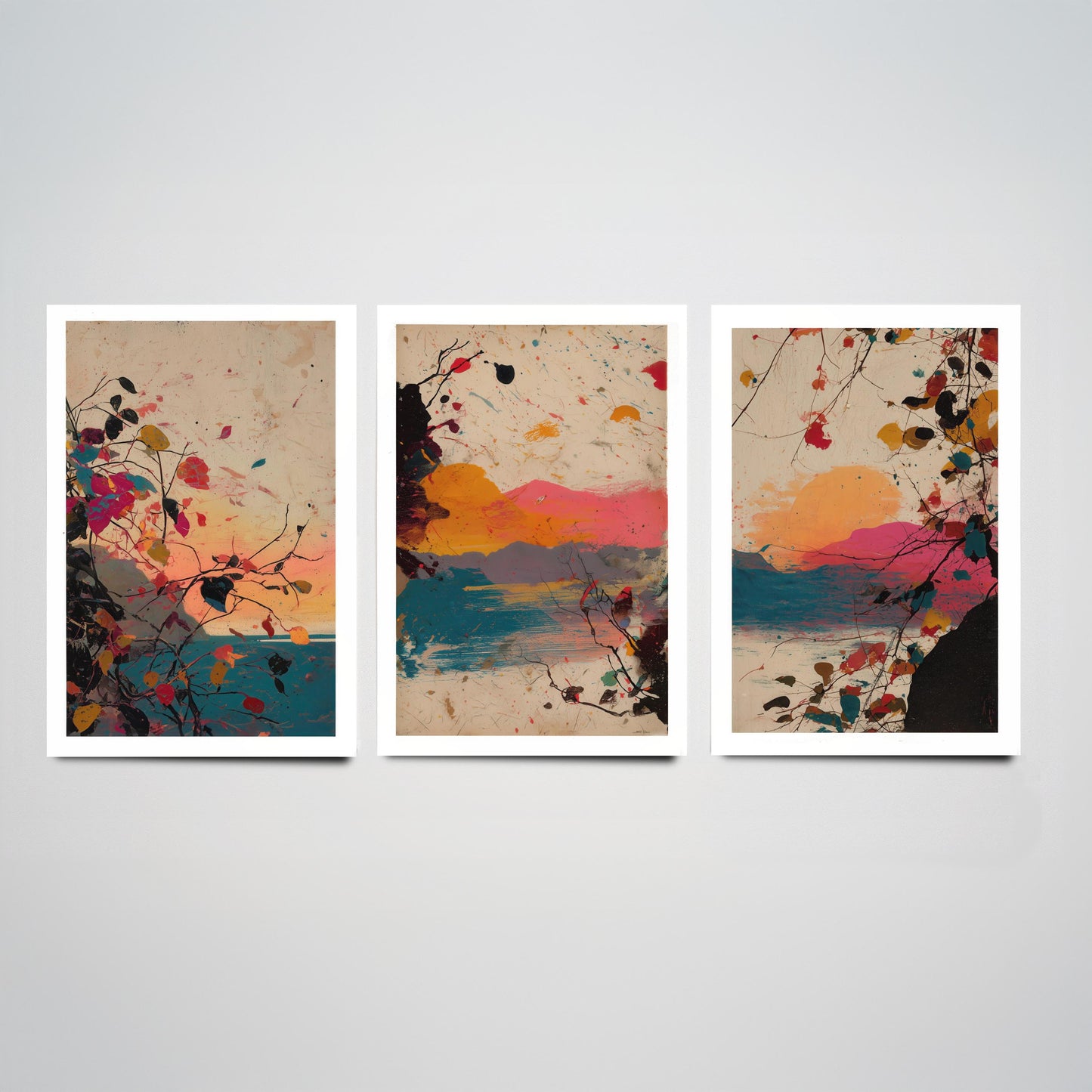 Sunset Splash Landscape Set of Three Art Prints - Pink Orange Blue Abstract Posters - Paint Splatter Mountain Lake Painting