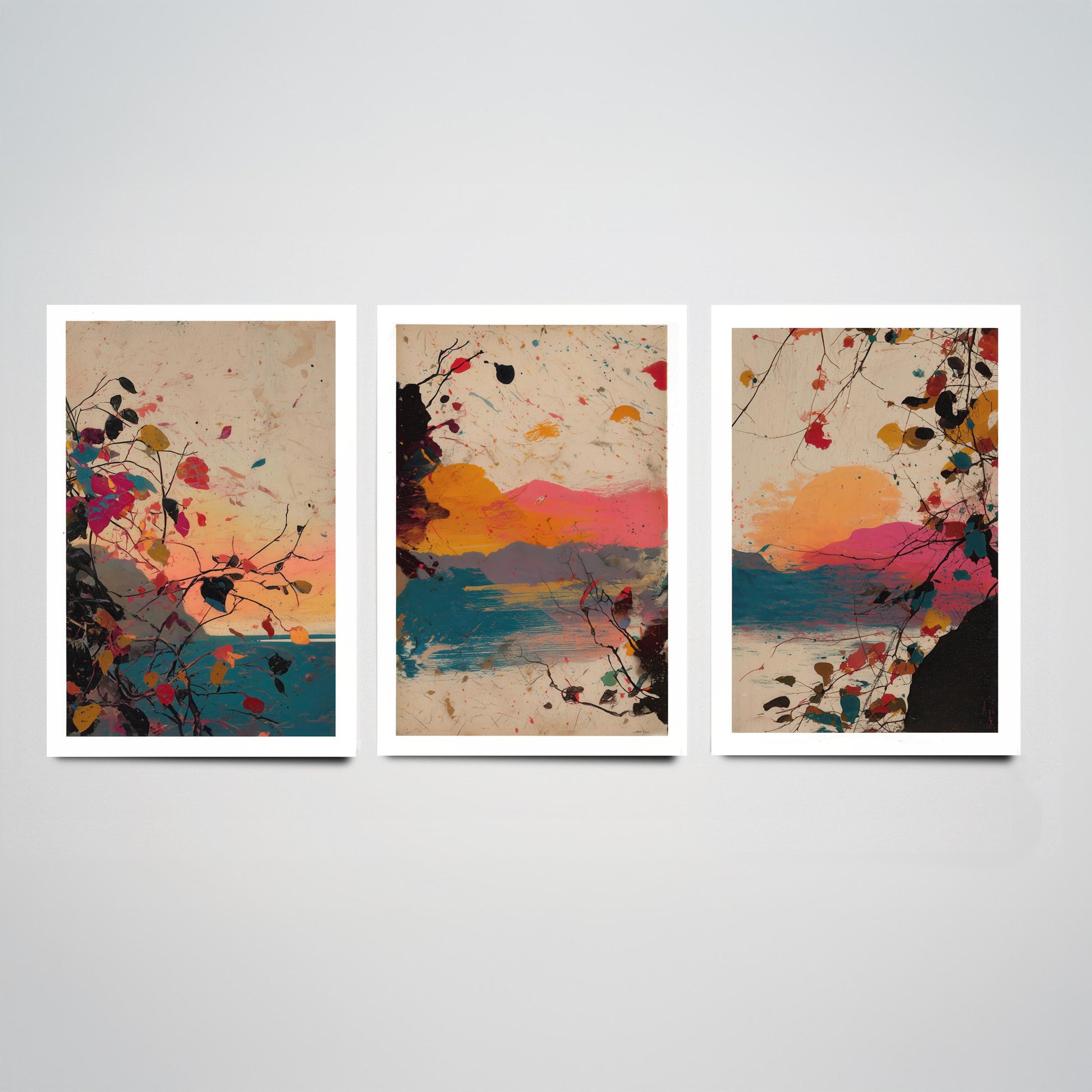 Sunset Splash Landscape Set of Three Art Prints - Pink Orange Blue Abstract Posters - Paint Splatter Mountain Lake Painting