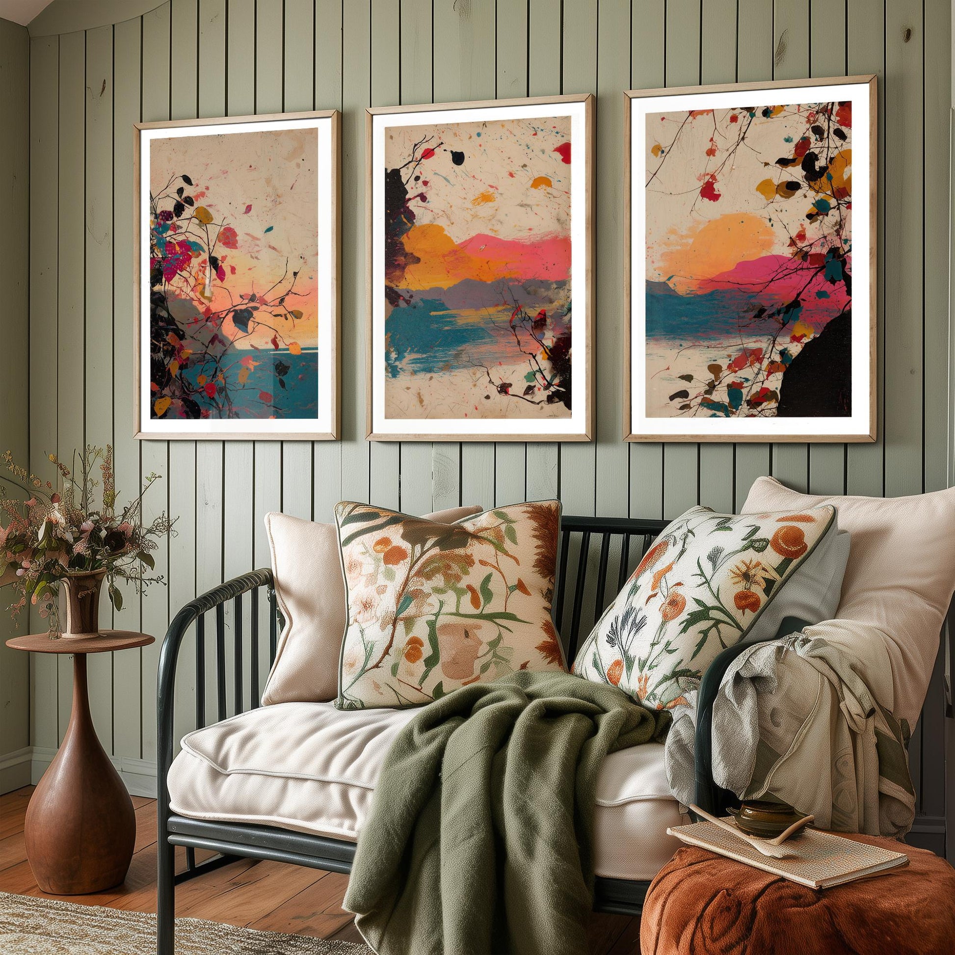 Sunset Splash Landscape Set of Three Art Prints - Pink Orange Blue Abstract Posters - Paint Splatter Mountain Lake Painting