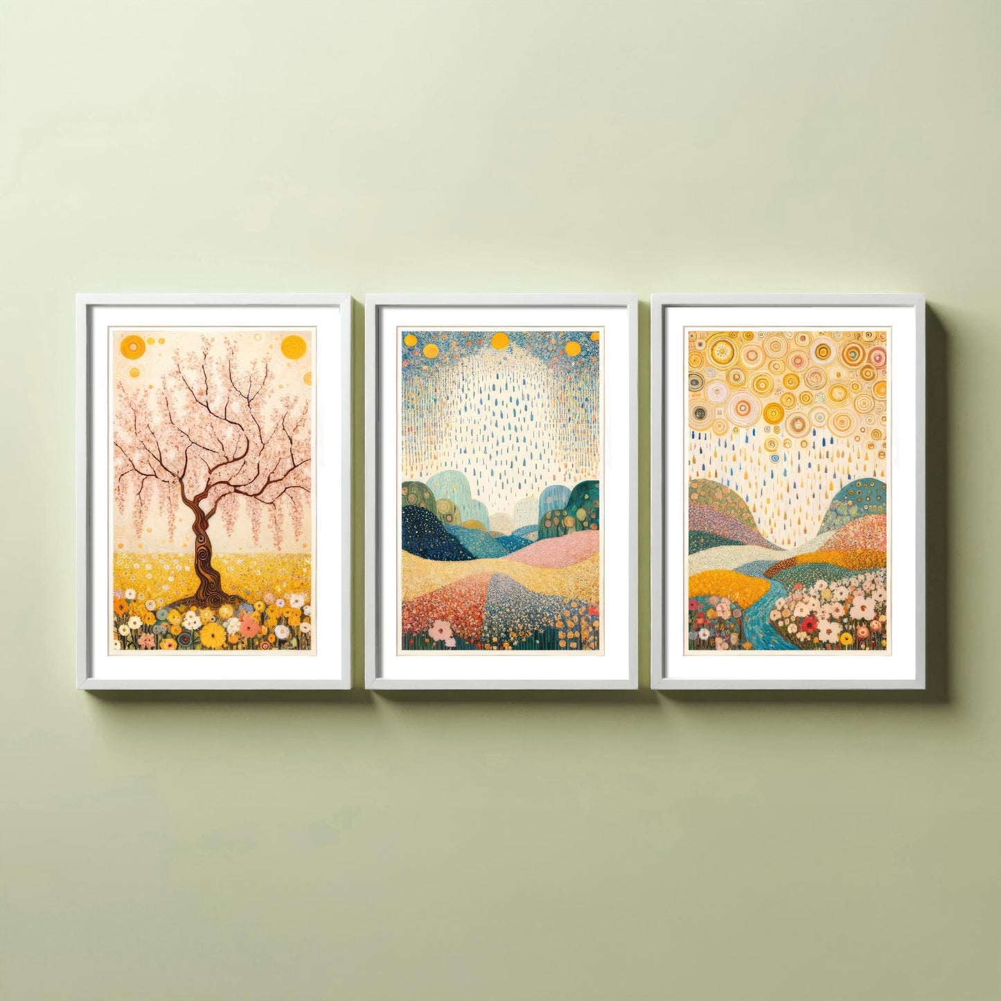 Beauty of Spring Set of Three Art Prints - Klimt Style Cherry Blossom Posters - Gold Rain Flower Meadow Painting Wall Decor