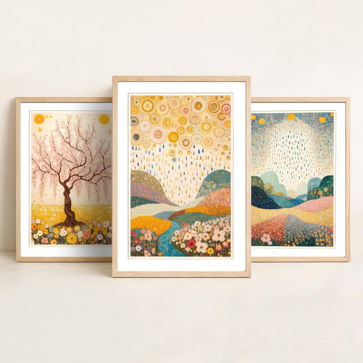 Beauty of Spring Set of Three Art Prints - Klimt Style Cherry Blossom Posters - Gold Rain Flower Meadow Painting Wall Decor