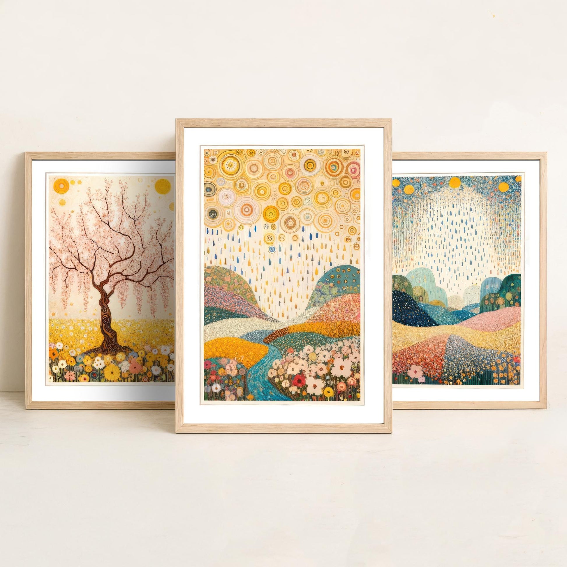 Beauty of Spring Set of Three Art Prints - Klimt Style Cherry Blossom Posters - Gold Rain Flower Meadow Painting Wall Decor