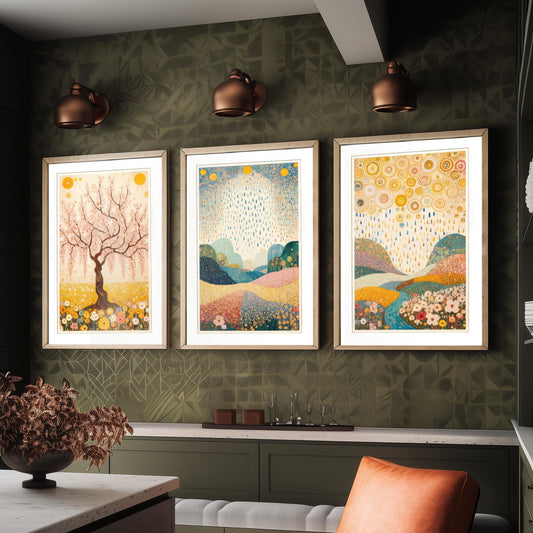 Beauty of Spring Set of Three Art Prints - Klimt Style Cherry Blossom Posters - Gold Rain Flower Meadow Painting Wall Decor