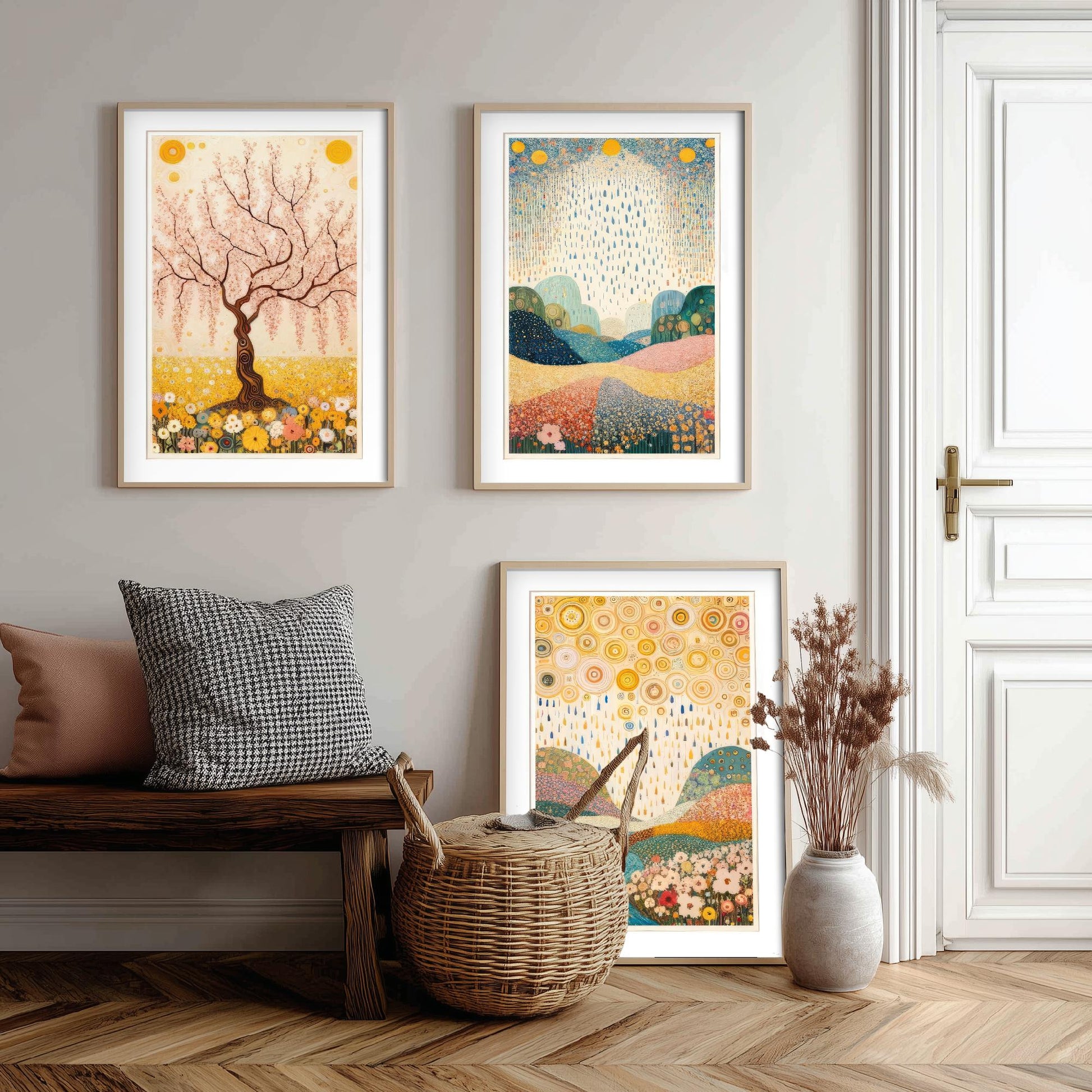 Beauty of Spring Set of Three Art Prints - Klimt Style Cherry Blossom Posters - Gold Rain Flower Meadow Painting Wall Decor