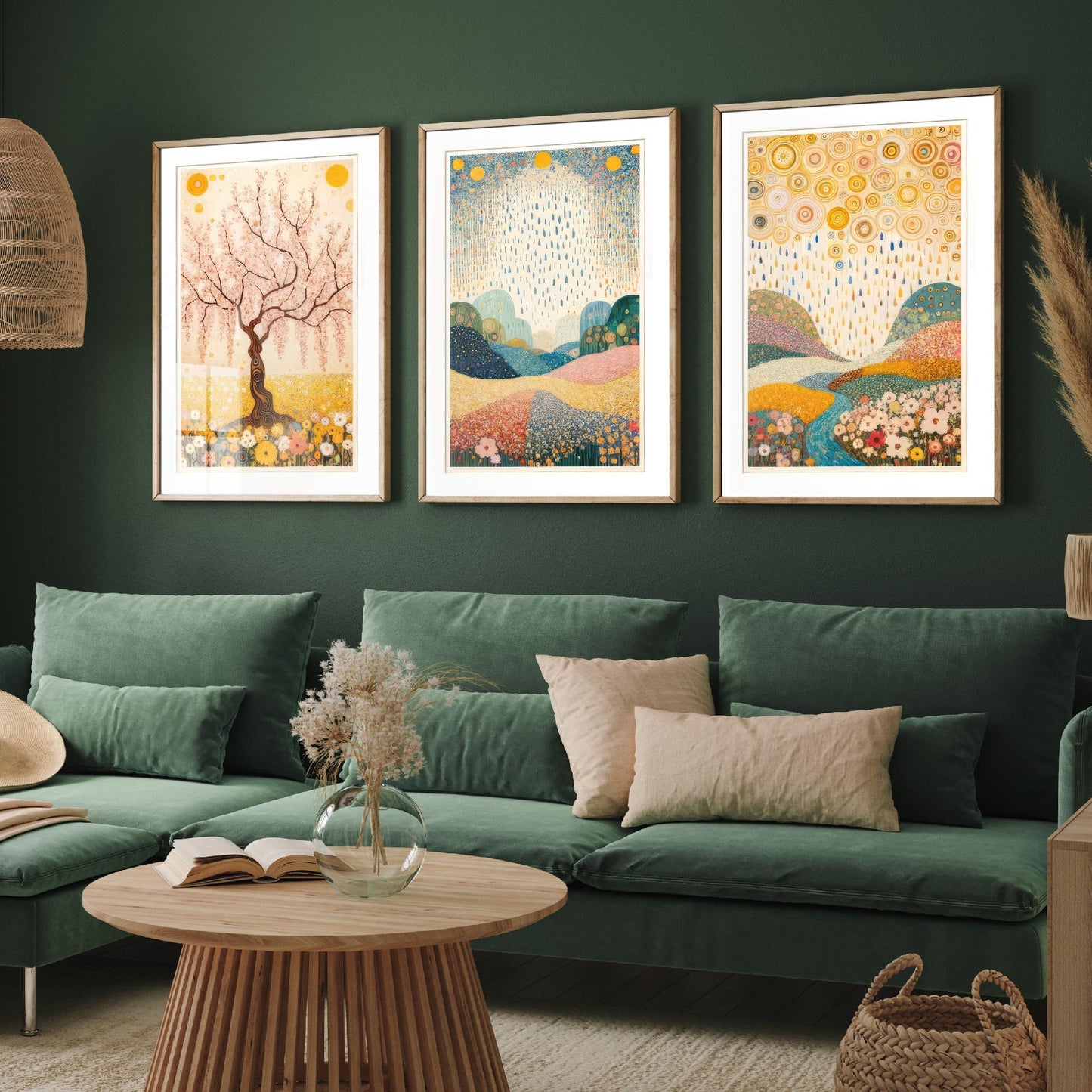 Beauty of Spring Set of Three Art Prints - Klimt Style Cherry Blossom Posters - Gold Rain Flower Meadow Painting Wall Decor
