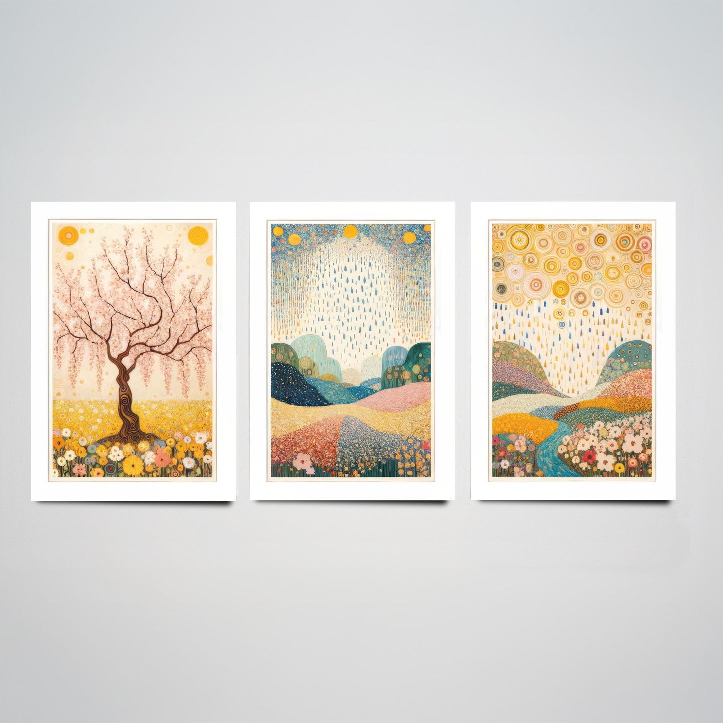 Beauty of Spring Set of Three Art Prints - Klimt Style Cherry Blossom Posters - Gold Rain Flower Meadow Painting Wall Decor