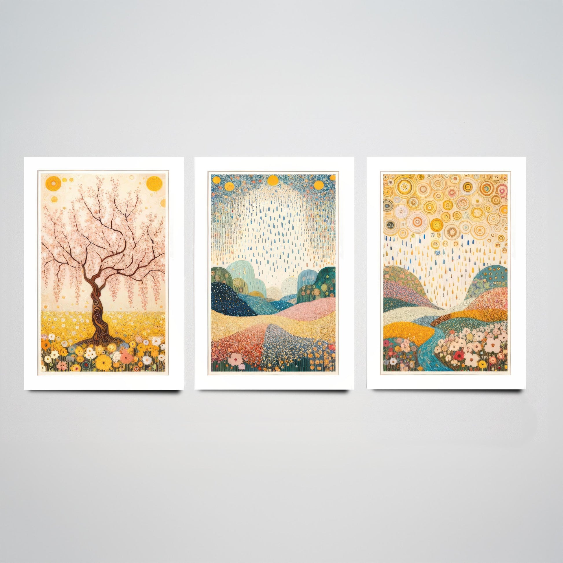 Beauty of Spring Set of Three Art Prints - Klimt Style Cherry Blossom Posters - Gold Rain Flower Meadow Painting Wall Decor