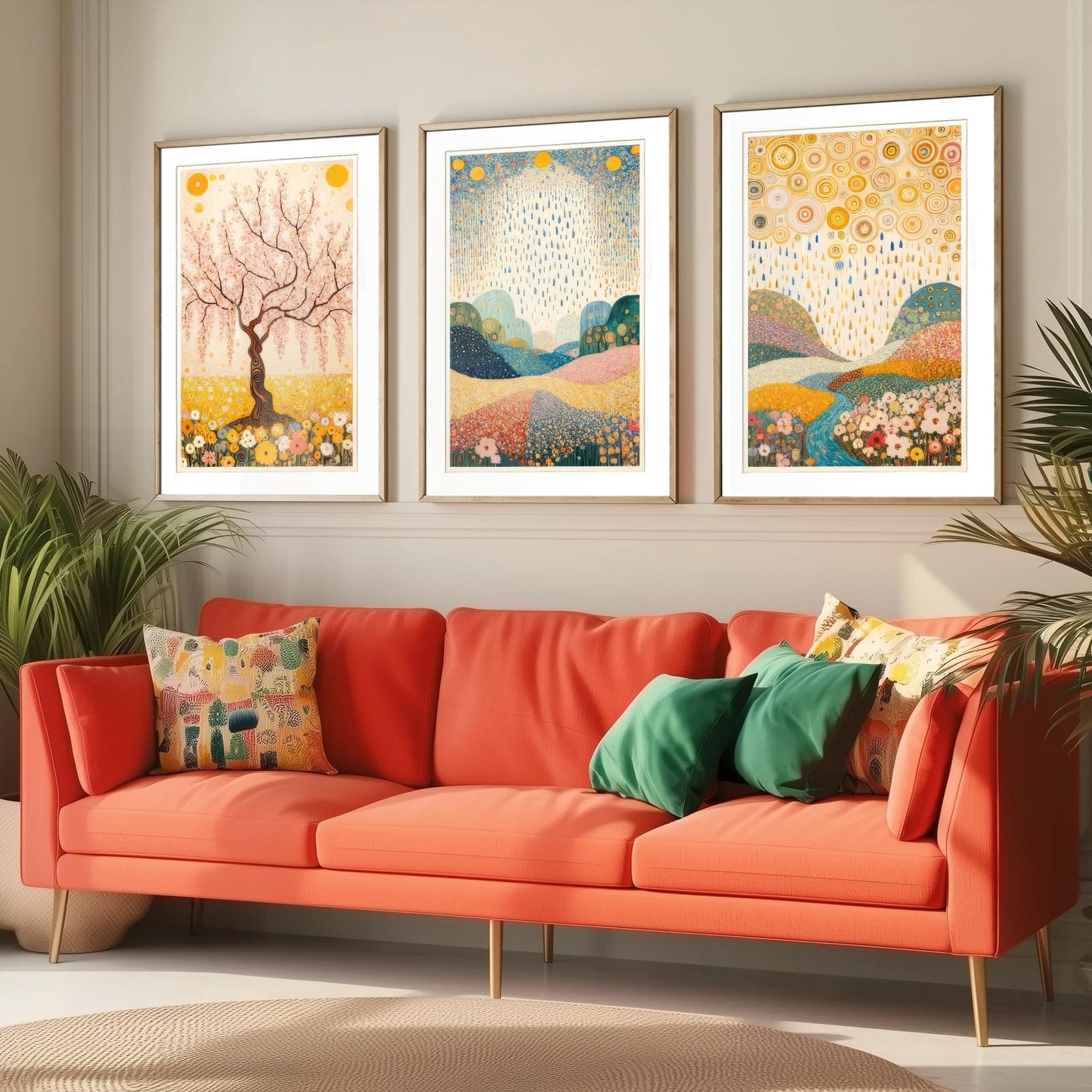 Beauty of Spring Set of Three Art Prints - Klimt Style Cherry Blossom Posters - Gold Rain Flower Meadow Painting Wall Decor