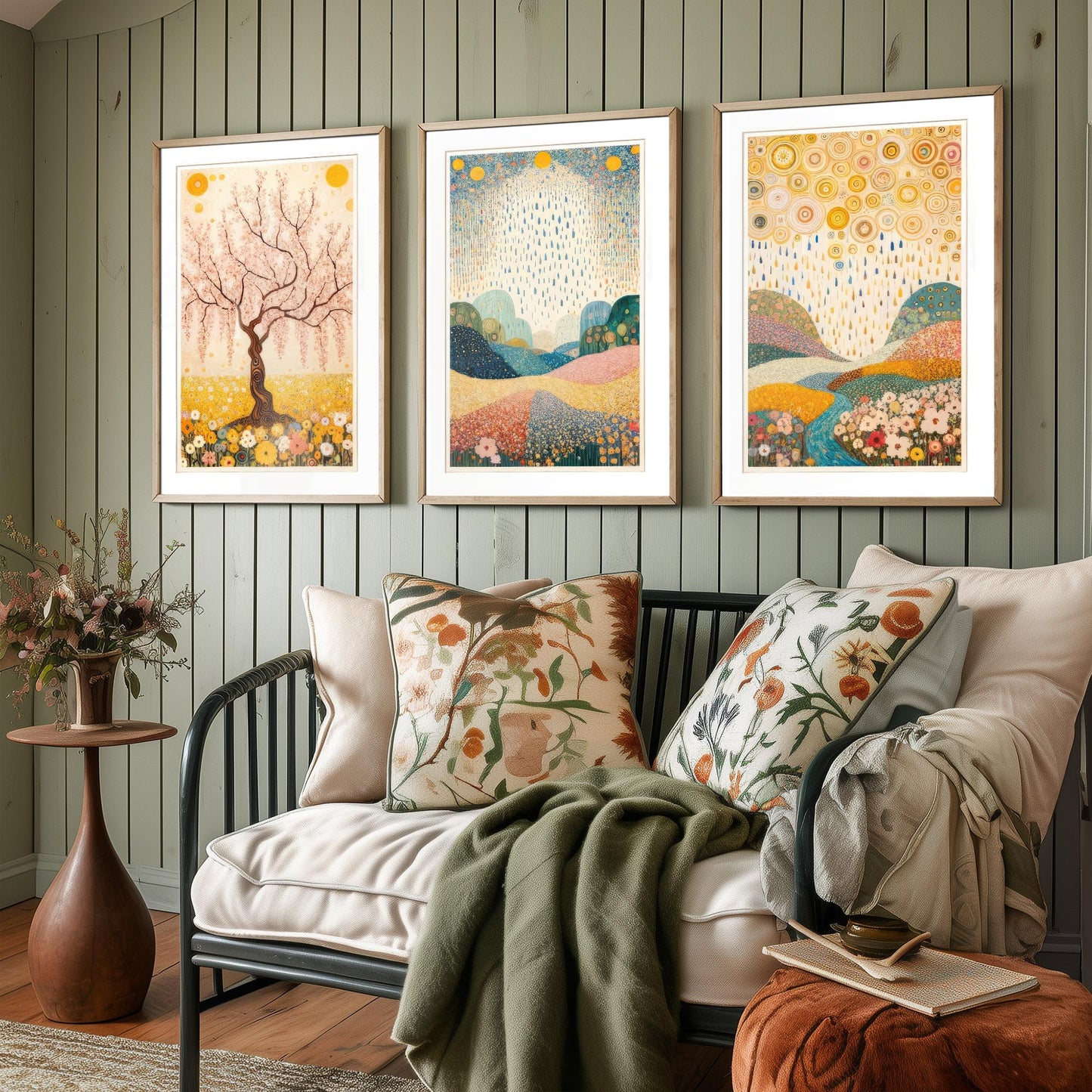 Beauty of Spring Set of Three Art Prints - Klimt Style Cherry Blossom Posters - Gold Rain Flower Meadow Painting Wall Decor