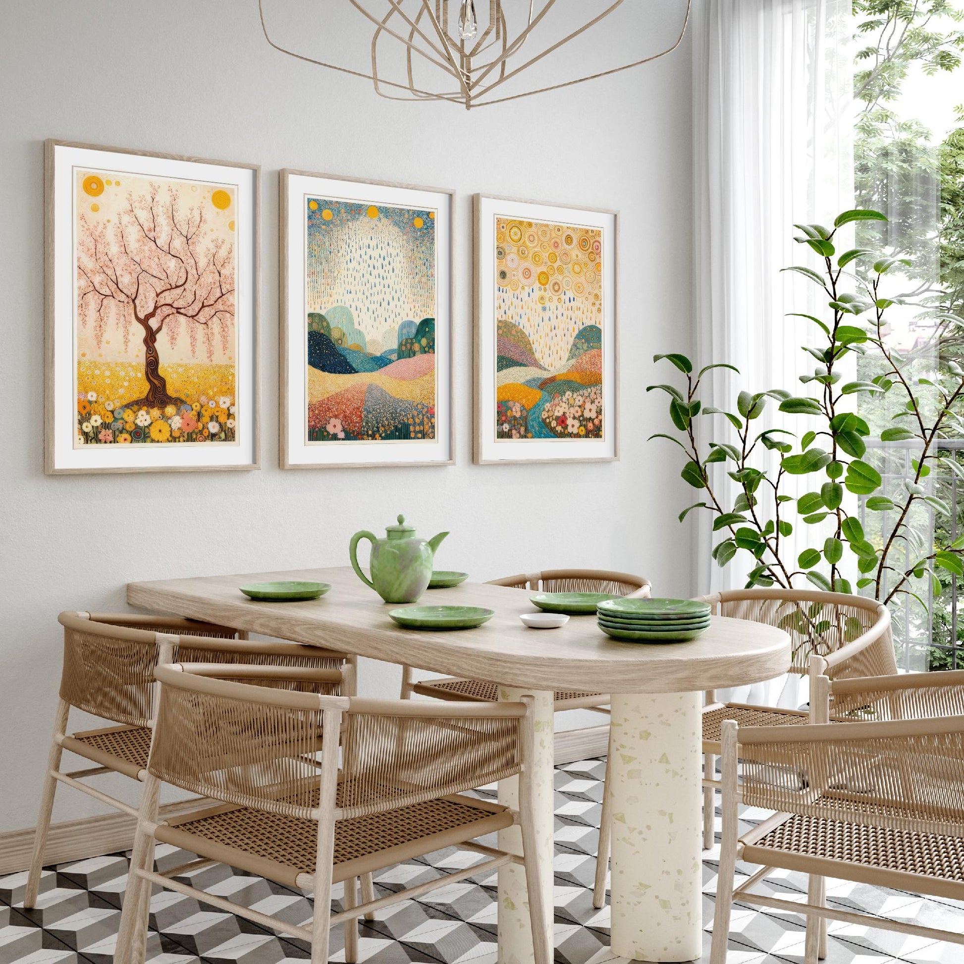 Beauty of Spring Set of Three Art Prints - Klimt Style Cherry Blossom Posters - Gold Rain Flower Meadow Painting Wall Decor