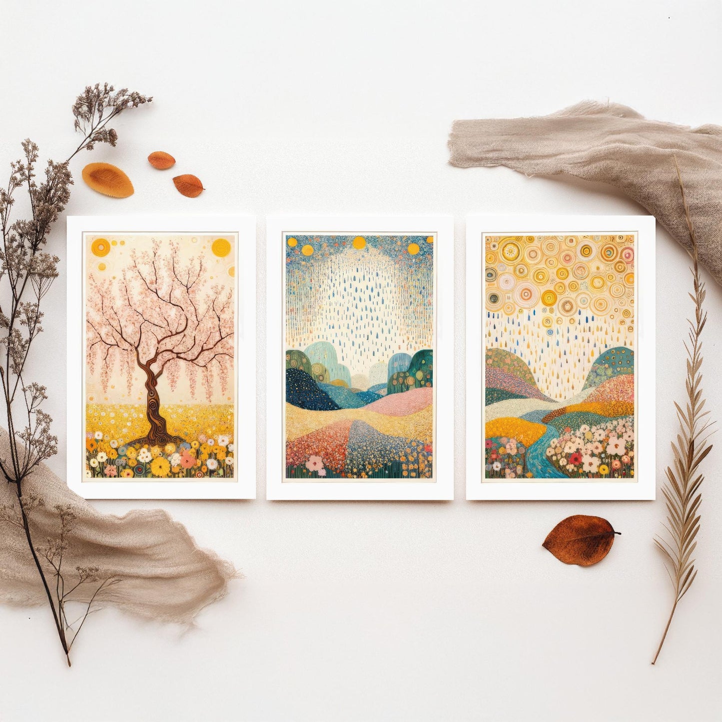Beauty of Spring Set of Three Art Prints - Klimt Style Cherry Blossom Posters - Gold Rain Flower Meadow Painting Wall Decor