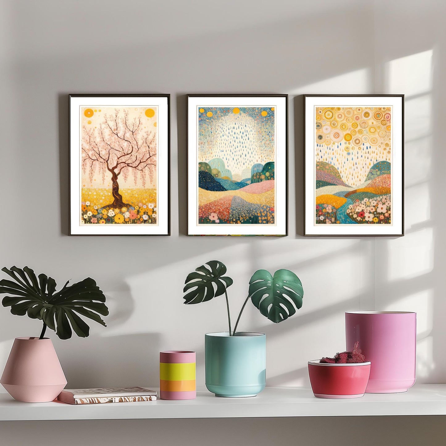 Beauty of Spring Set of Three Art Prints - Klimt Style Cherry Blossom Posters - Gold Rain Flower Meadow Painting Wall Decor