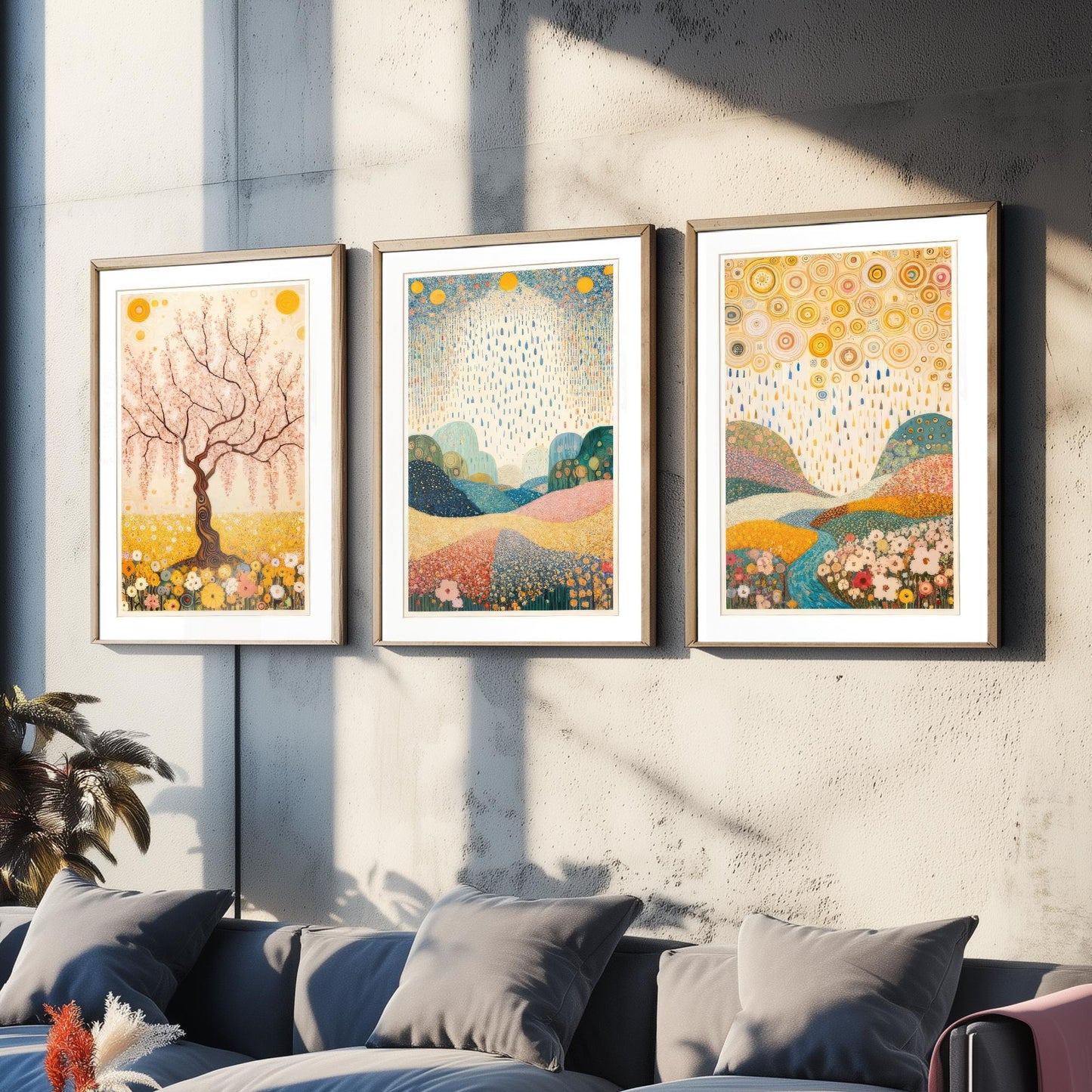 Beauty of Spring Set of Three Art Prints - Klimt Style Cherry Blossom Posters - Gold Rain Flower Meadow Painting Wall Decor