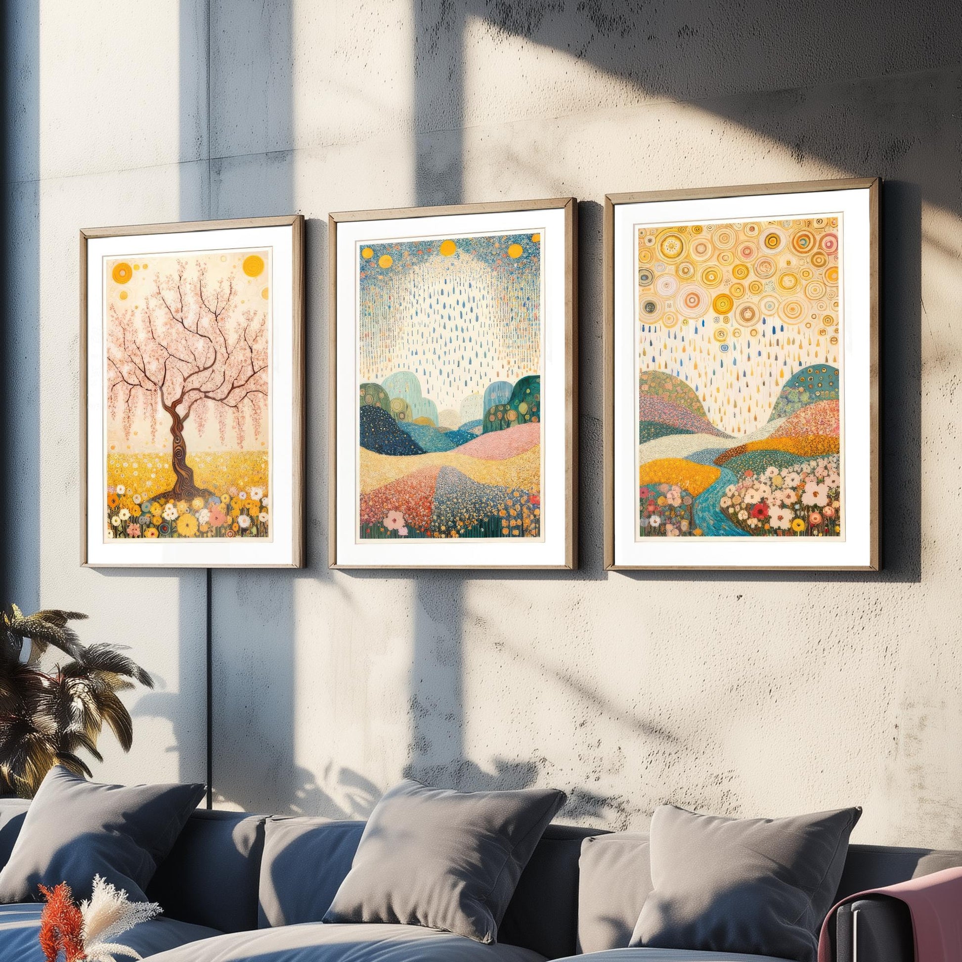 Beauty of Spring Set of Three Art Prints - Klimt Style Cherry Blossom Posters - Gold Rain Flower Meadow Painting Wall Decor