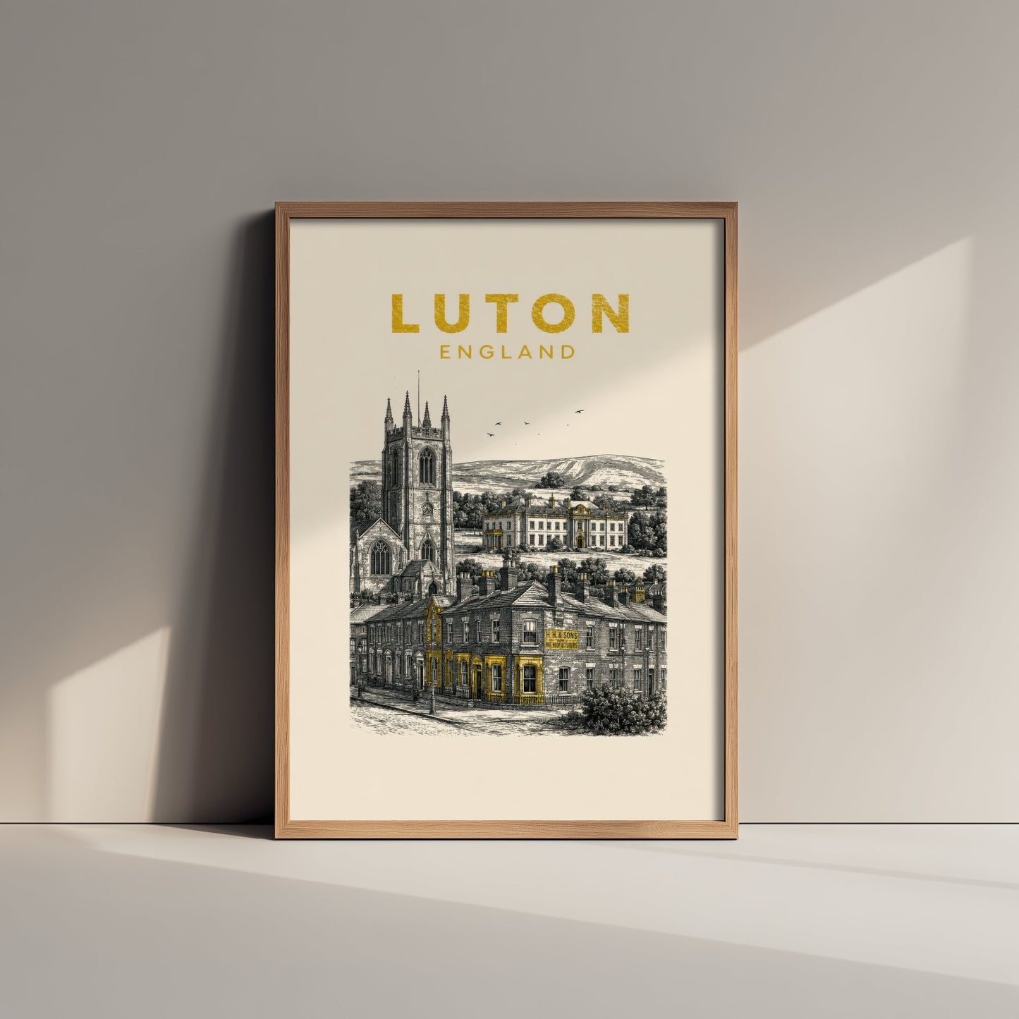 Luton England Travel Poster - Vintage Duotone Art Print - Engraved City Illustration - Church and Grand Hall 1/3