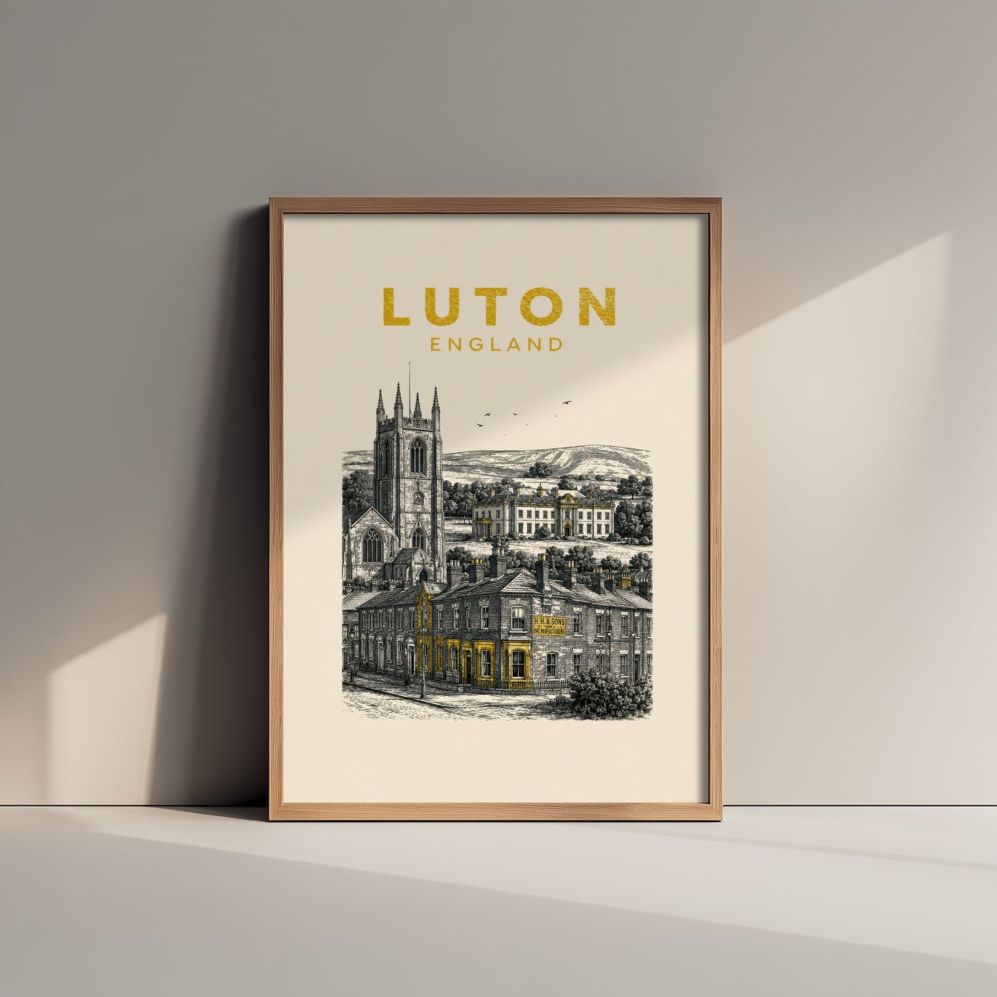 Luton England Travel Poster - Vintage Duotone Art Print - Engraved City Illustration - Church and Grand Hall 1/3