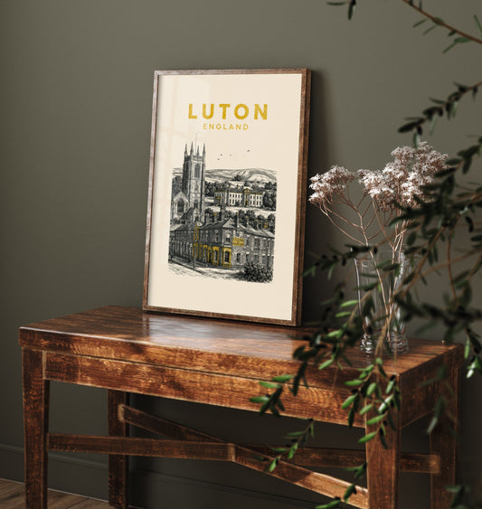 Luton England Travel Poster - Vintage Duotone Art Print - Engraved City Illustration - Church and Grand Hall 1/3