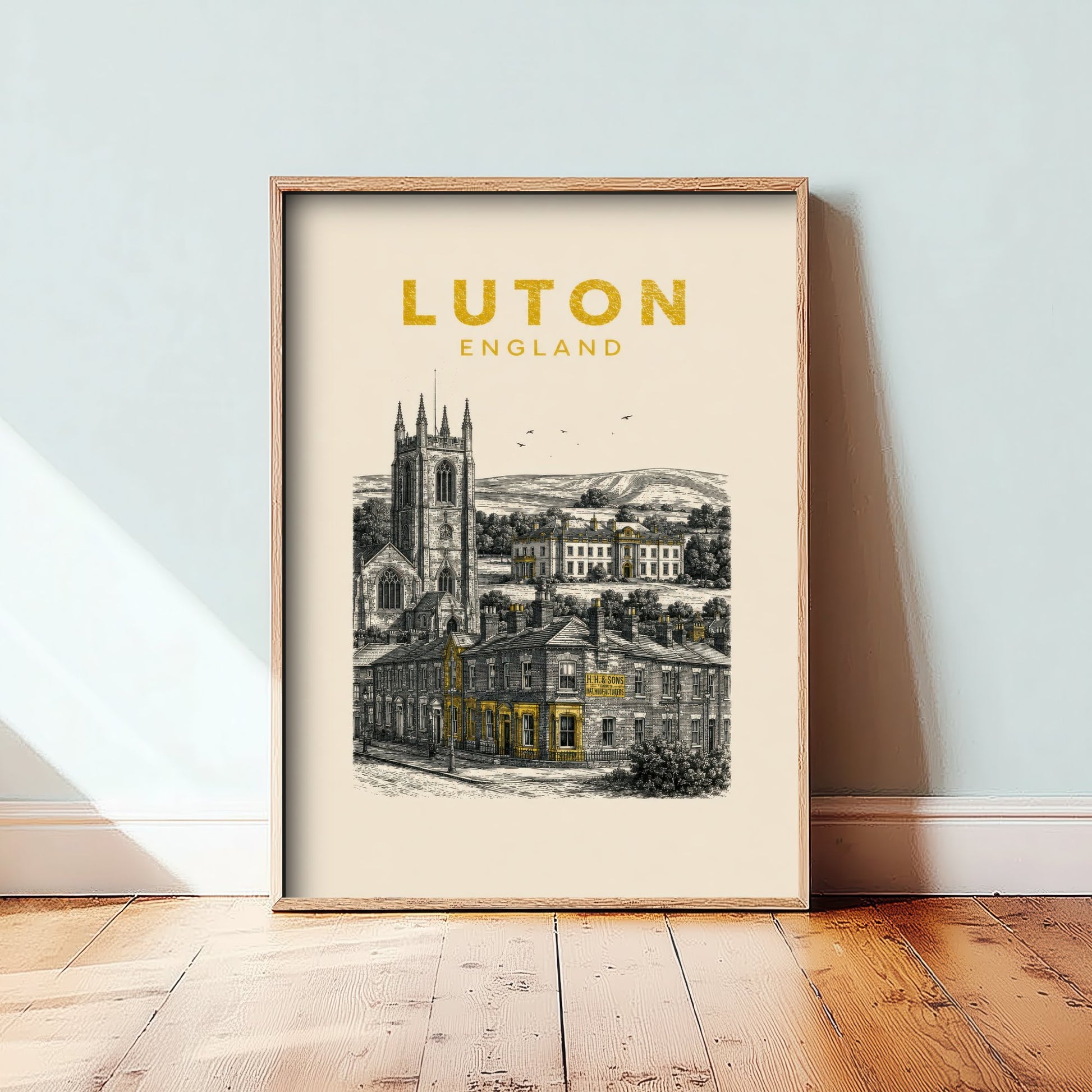 Luton England Travel Poster - Vintage Duotone Art Print - Engraved City Illustration - Church and Grand Hall 1/3