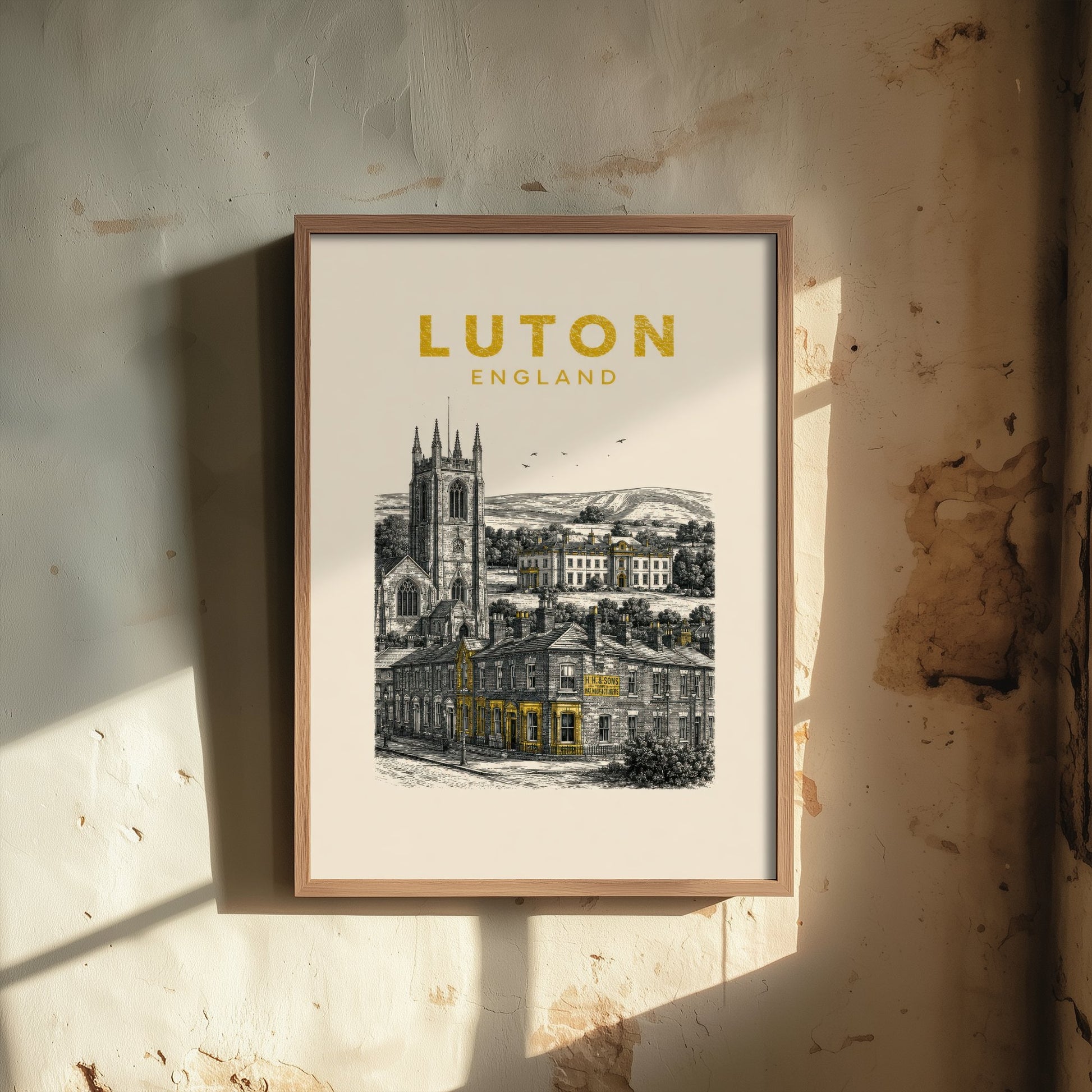 Luton England Travel Poster - Vintage Duotone Art Print - Engraved City Illustration - Church and Grand Hall 1/3