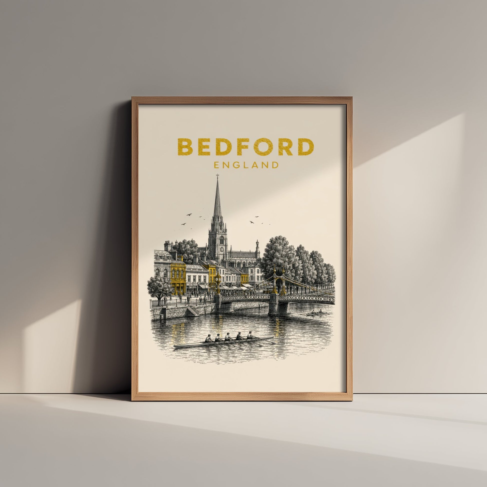 Bedford England Travel Poster - Vintage Duotone Art Print - Engraved City Illustration - River Ouse Bridge 2/3