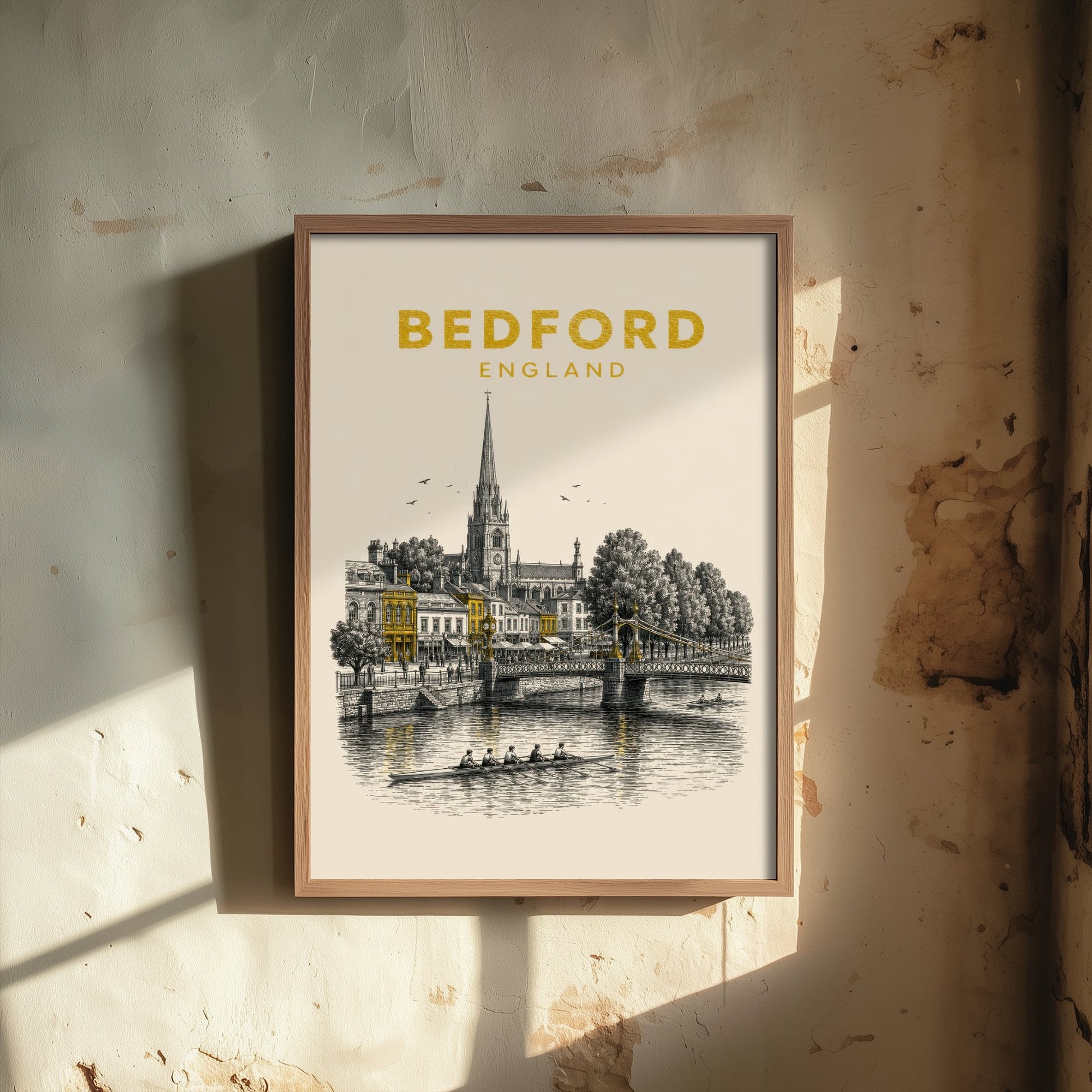 Bedford England Travel Poster - Vintage Duotone Art Print - Engraved City Illustration - River Ouse Bridge 2/3
