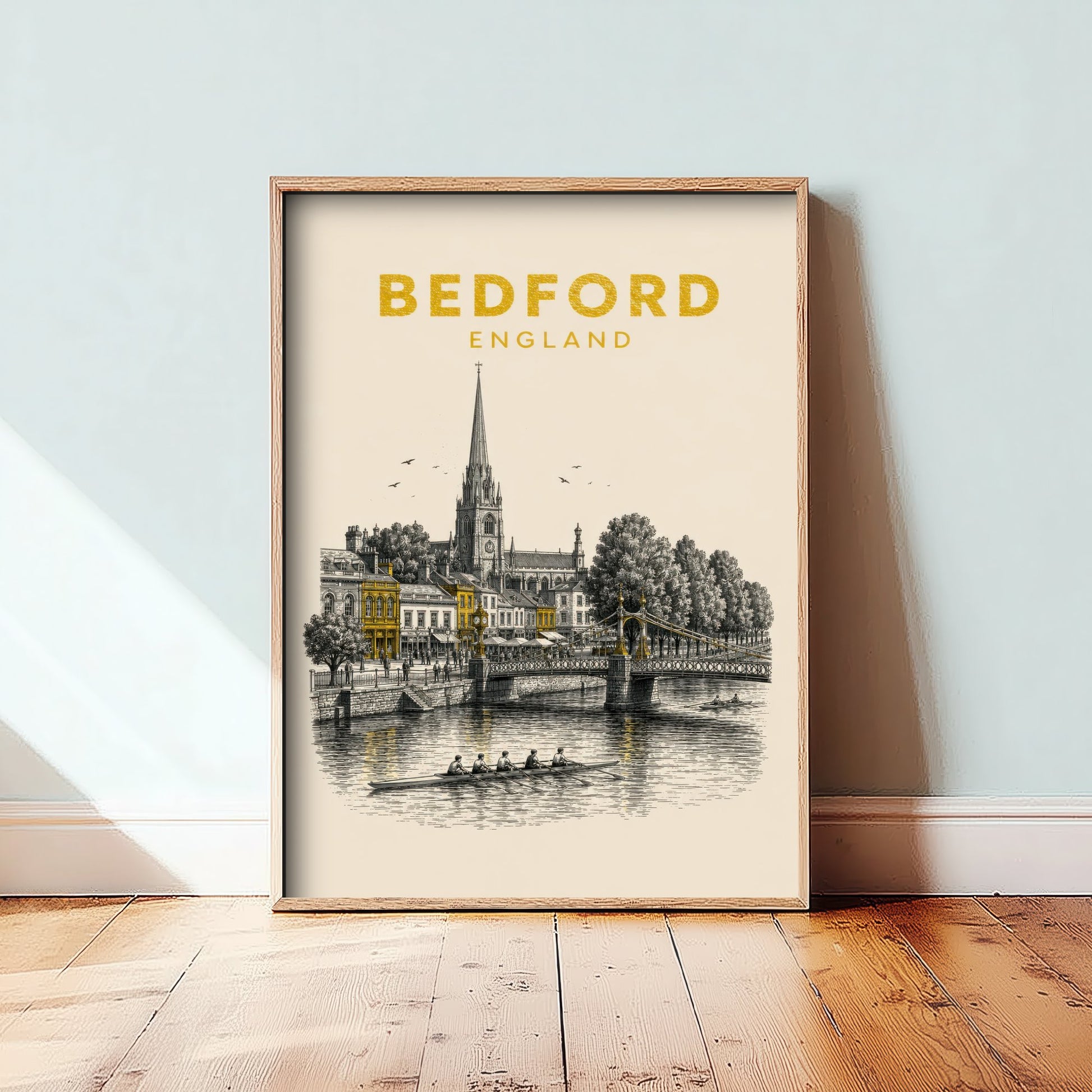 Bedford England Travel Poster - Vintage Duotone Art Print - Engraved City Illustration - River Ouse Bridge 2/3