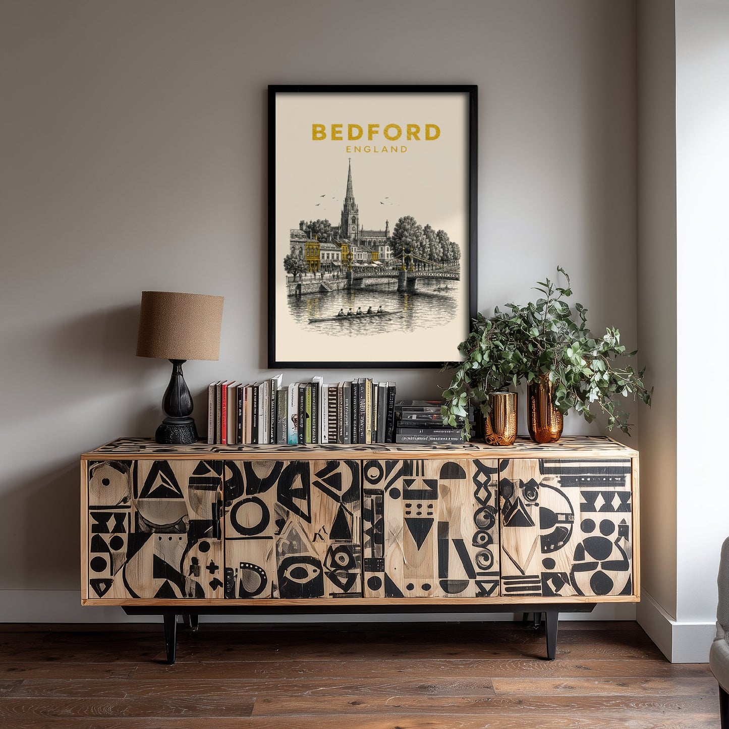 Bedford England Travel Poster - Vintage Duotone Art Print - Engraved City Illustration - River Ouse Bridge 2/3