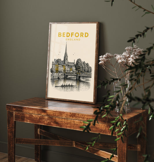 Bedford England Travel Poster - Vintage Duotone Art Print - Engraved City Illustration - River Ouse Bridge 2/3