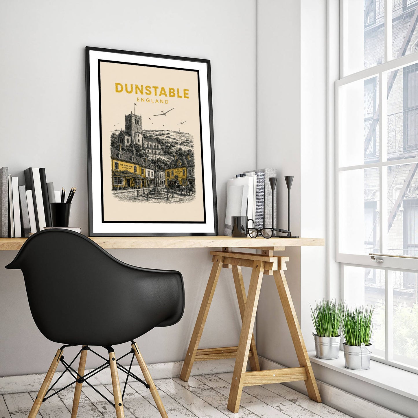 Dunstable England Travel Poster - Vintage Duotone Art Print - Engraved City Illustration - Priory and Downs 3/3