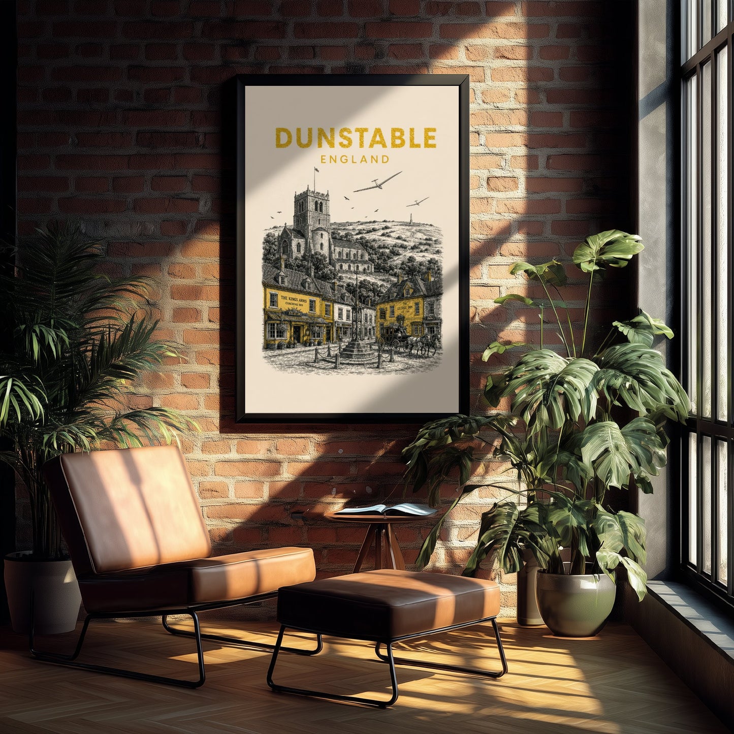 Dunstable England Travel Poster - Vintage Duotone Art Print - Engraved City Illustration - Priory and Downs 3/3