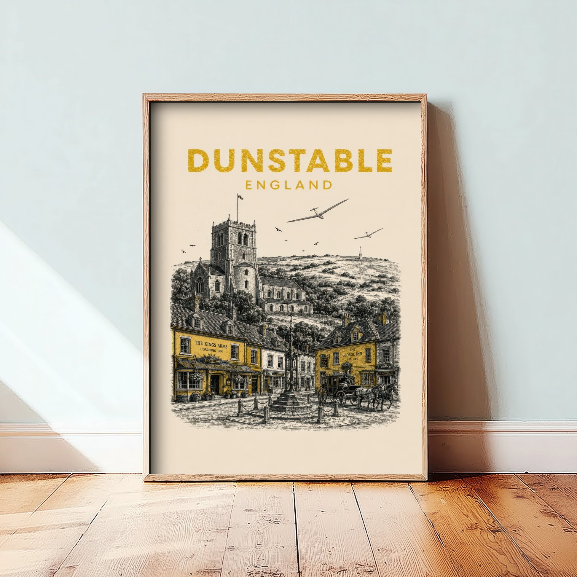Dunstable England Travel Poster - Vintage Duotone Art Print - Engraved City Illustration - Priory and Downs 3/3
