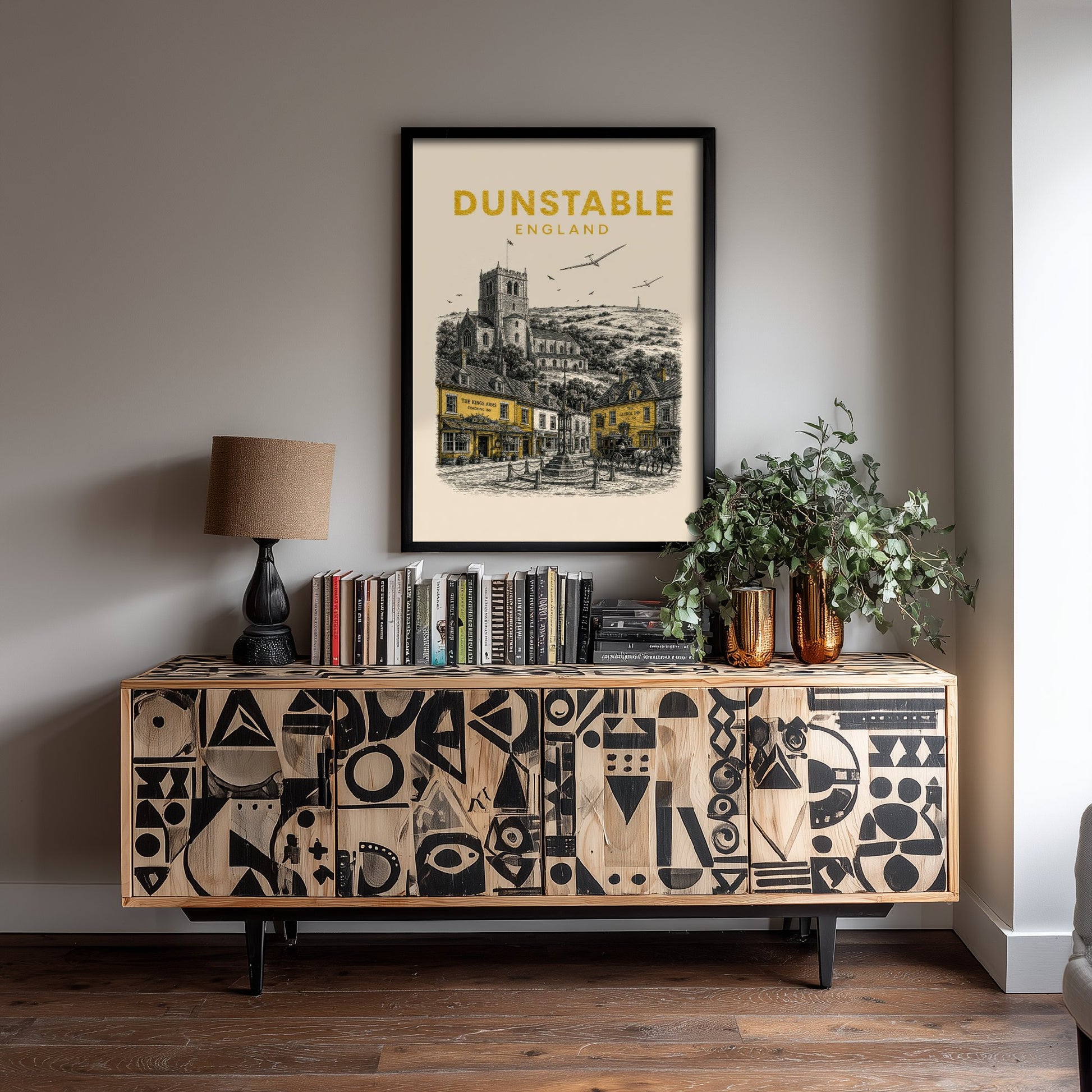 Dunstable England Travel Poster - Vintage Duotone Art Print - Engraved City Illustration - Priory and Downs 3/3