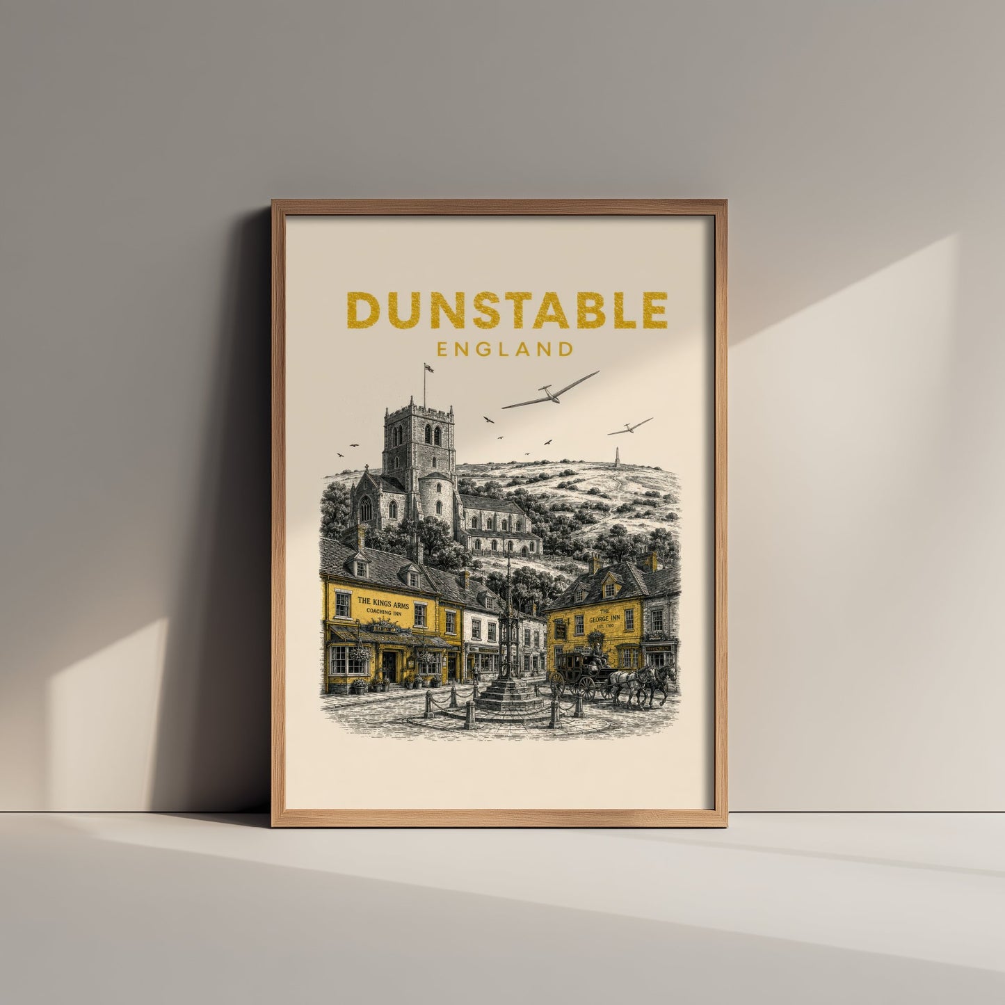 Dunstable England Travel Poster - Vintage Duotone Art Print - Engraved City Illustration - Priory and Downs 3/3