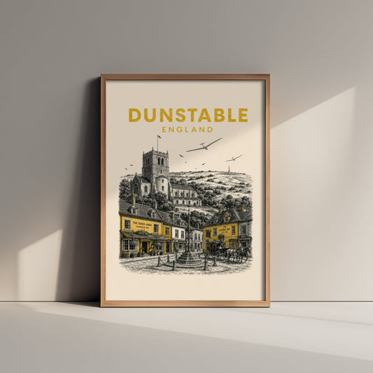 Dunstable England Travel Poster - Vintage Duotone Art Print - Engraved City Illustration - Priory and Downs 3/3