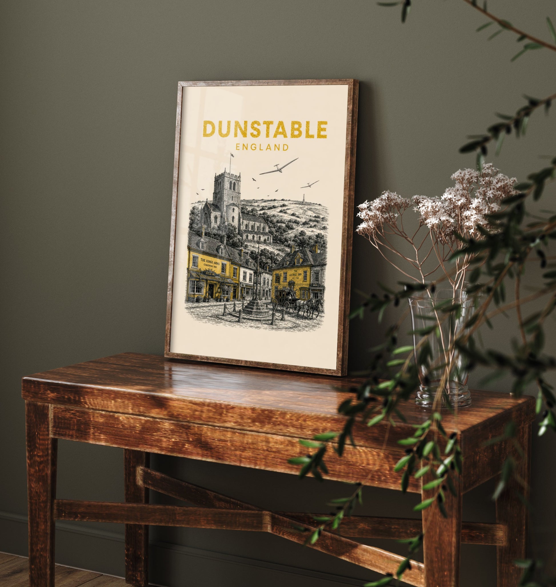 Dunstable England Travel Poster - Vintage Duotone Art Print - Engraved City Illustration - Priory and Downs 3/3