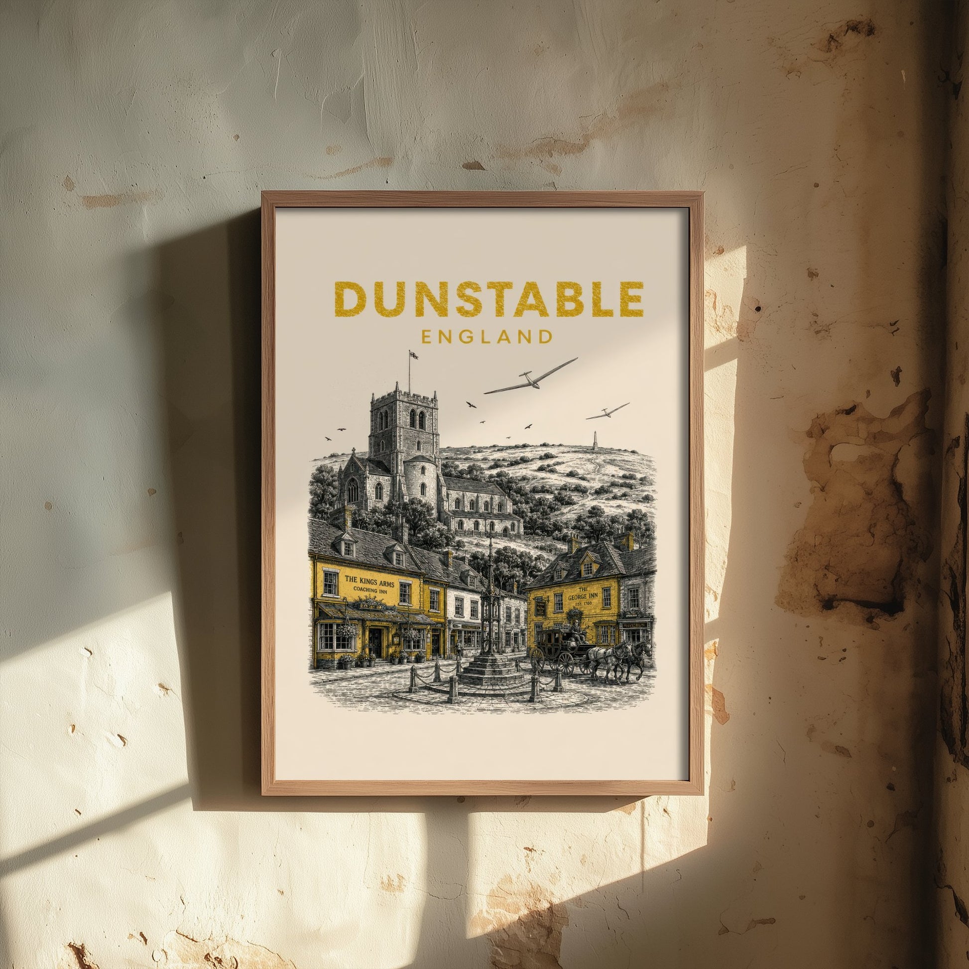 Dunstable England Travel Poster - Vintage Duotone Art Print - Engraved City Illustration - Priory and Downs 3/3