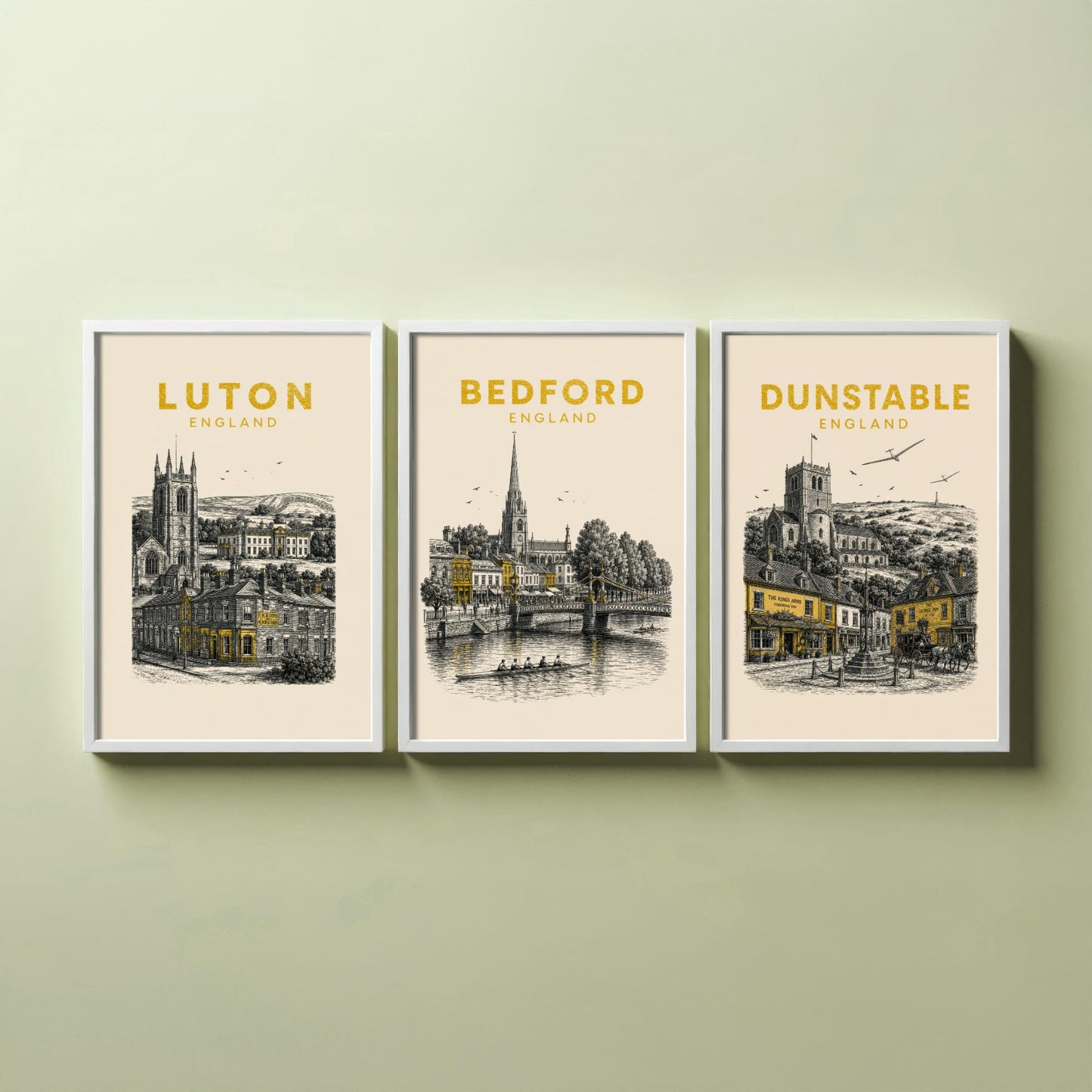 Set of Three Bedfordshire Travel Posters - Luton, Bedford, Dunstable - Vintage Duotone Art Prints - England Illustration Gift